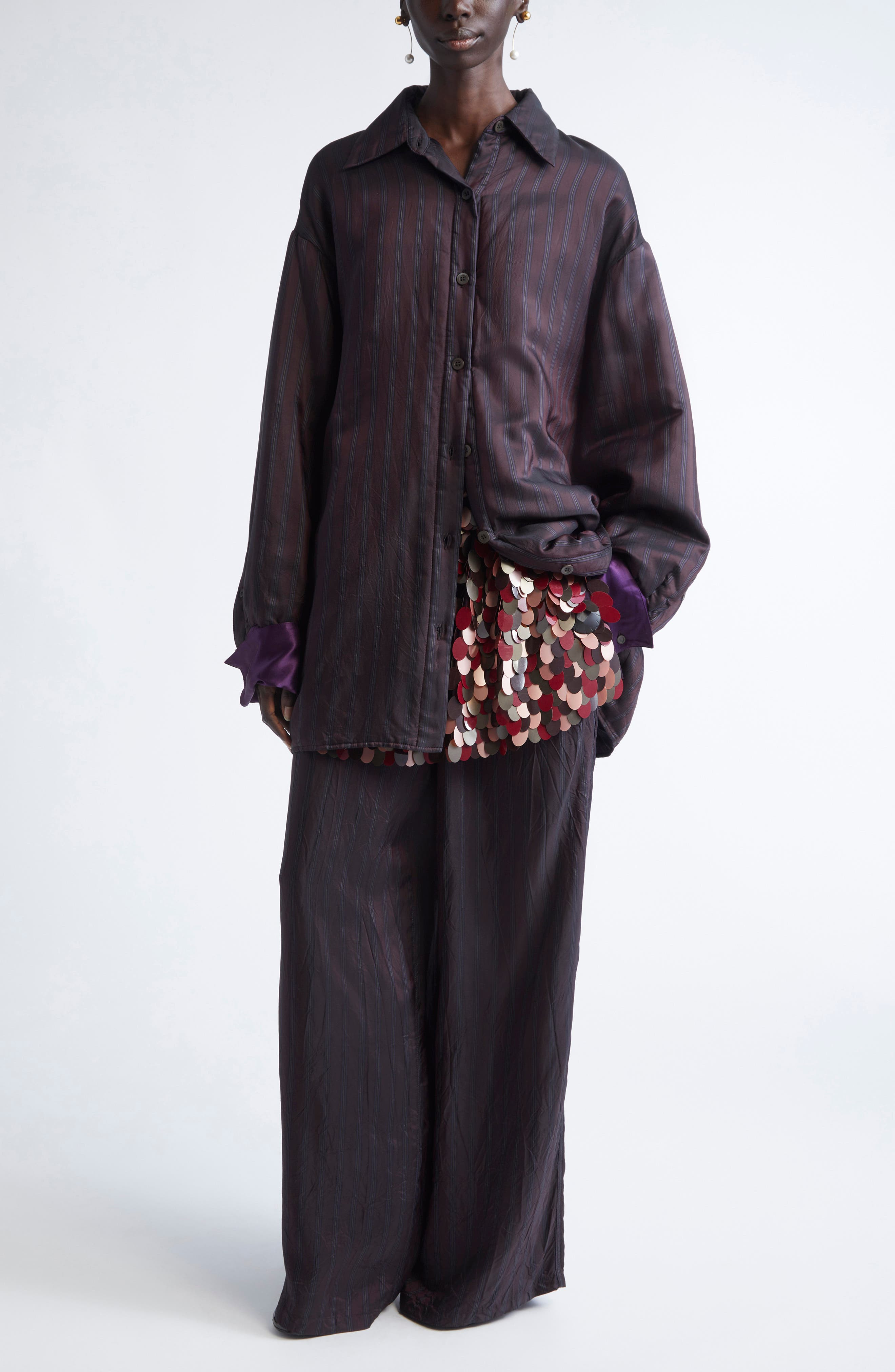 Dries Van Noten Peen Crinkled Stripe Cupro Wide Leg Pants in Burgundy at Nordstrom - 2