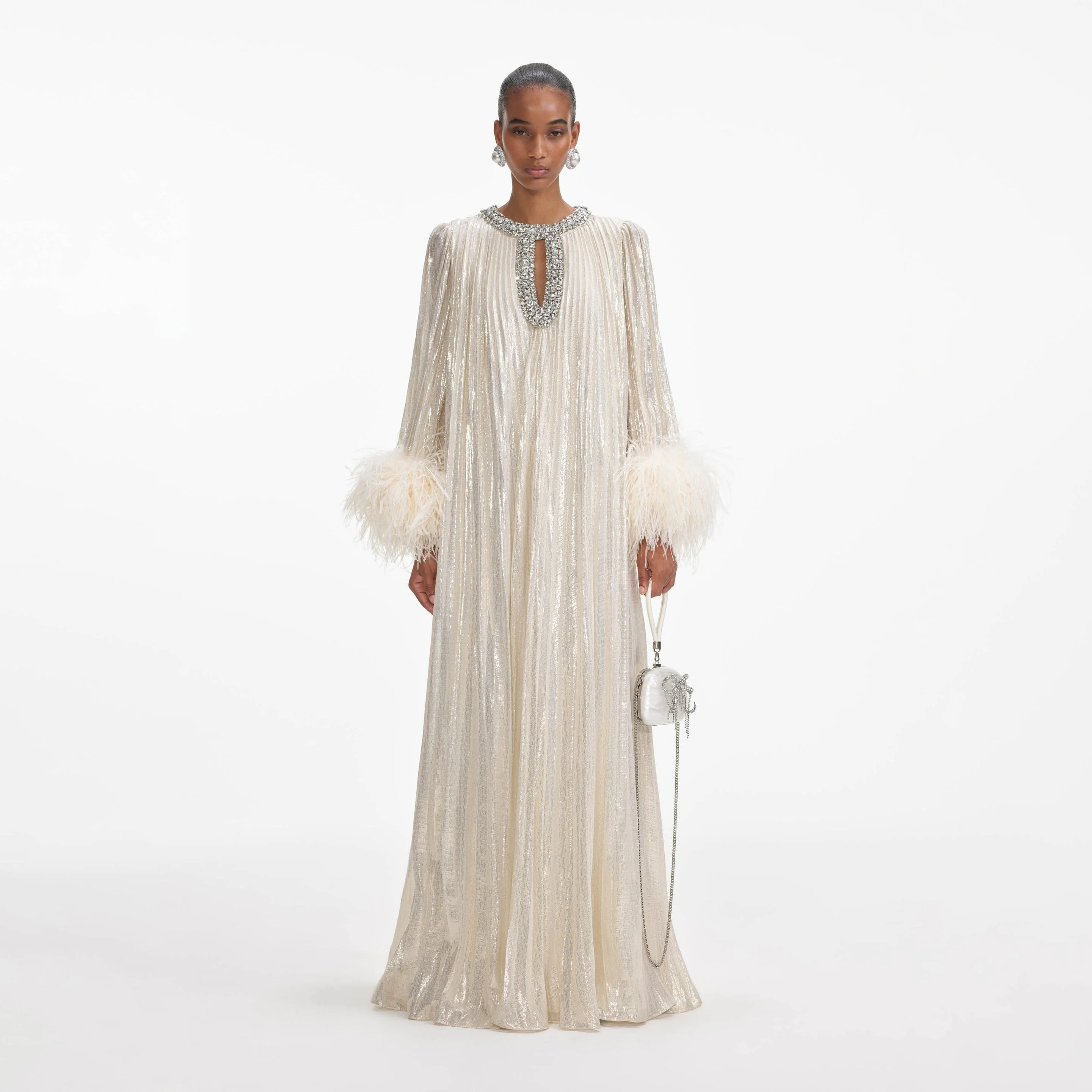 Gold Metallic Feather Maxi Dress - 1