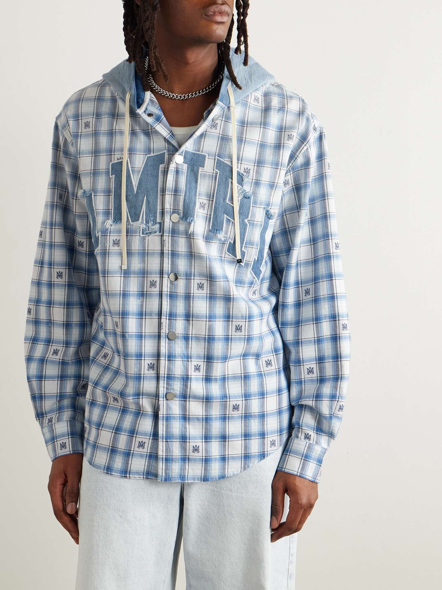 Denim-Trimmed Logo-Appliquéd Checked Cotton-Flannel Hooded Overshirt - 3