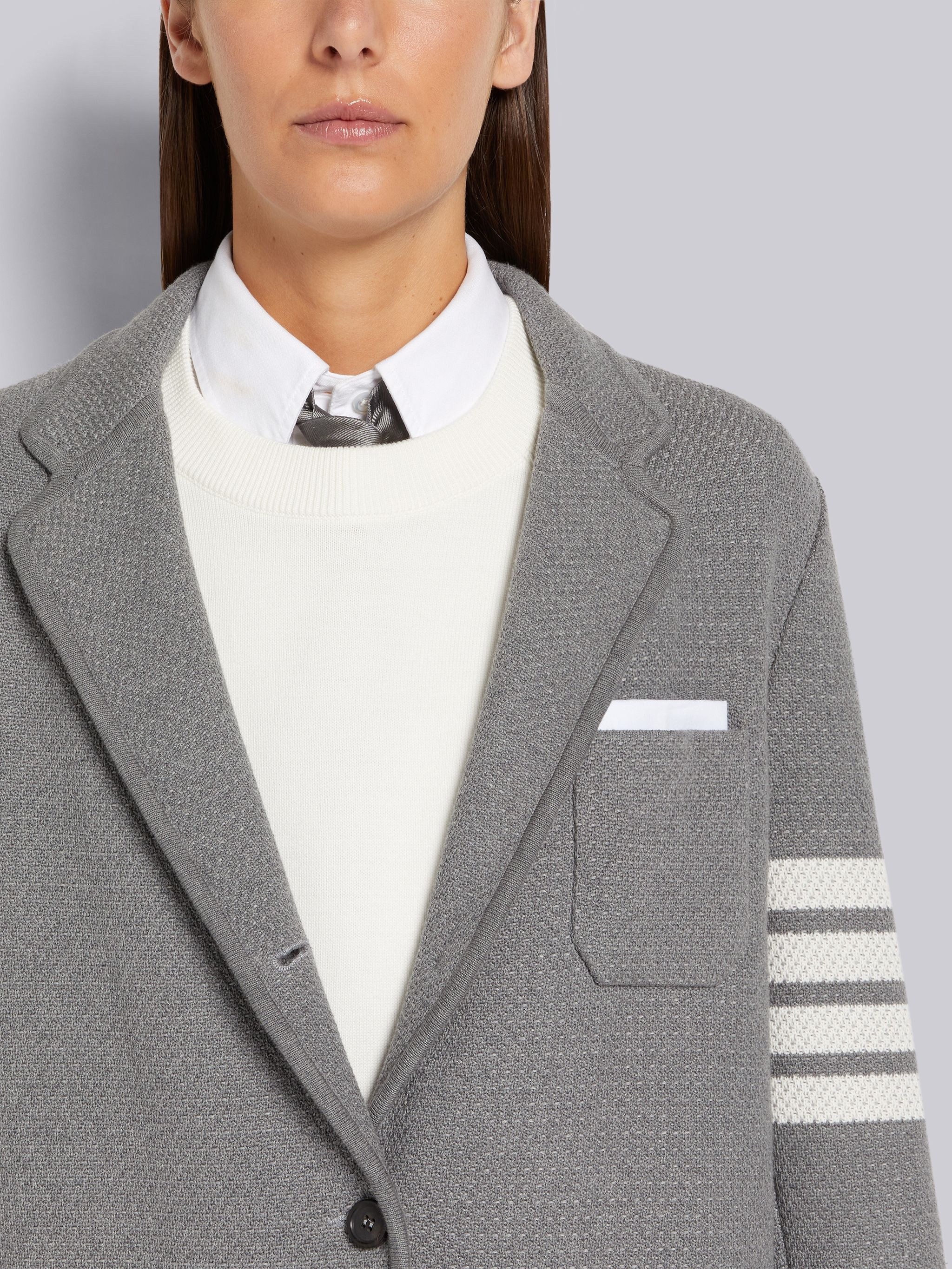 Light Grey Textured Jacquard 4-Bar Narrow Shoulder Sack Jacket - 5