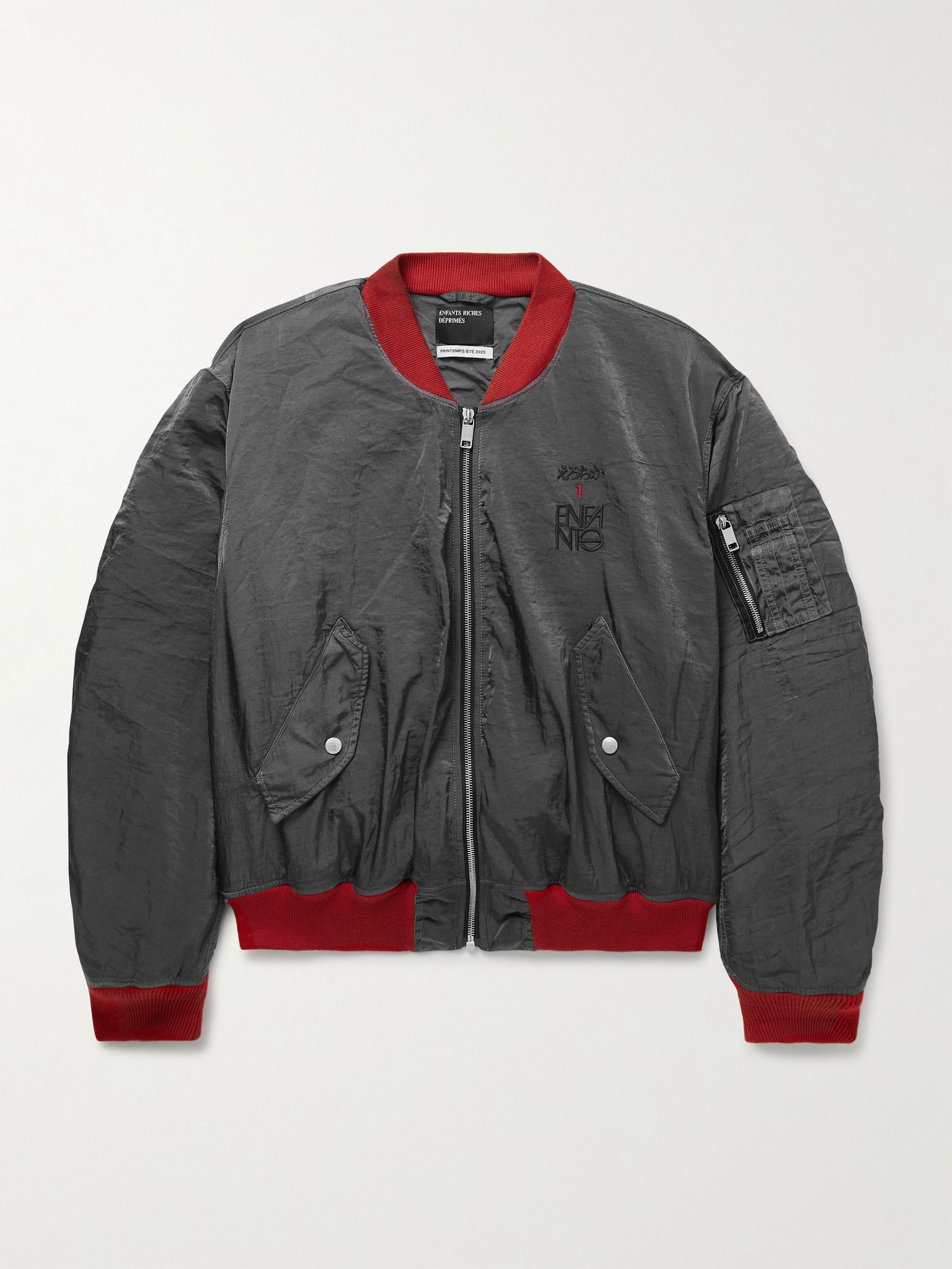 Logo-Embroidered Padded Crinkled-Shell Bomber Jacket Gray - 1