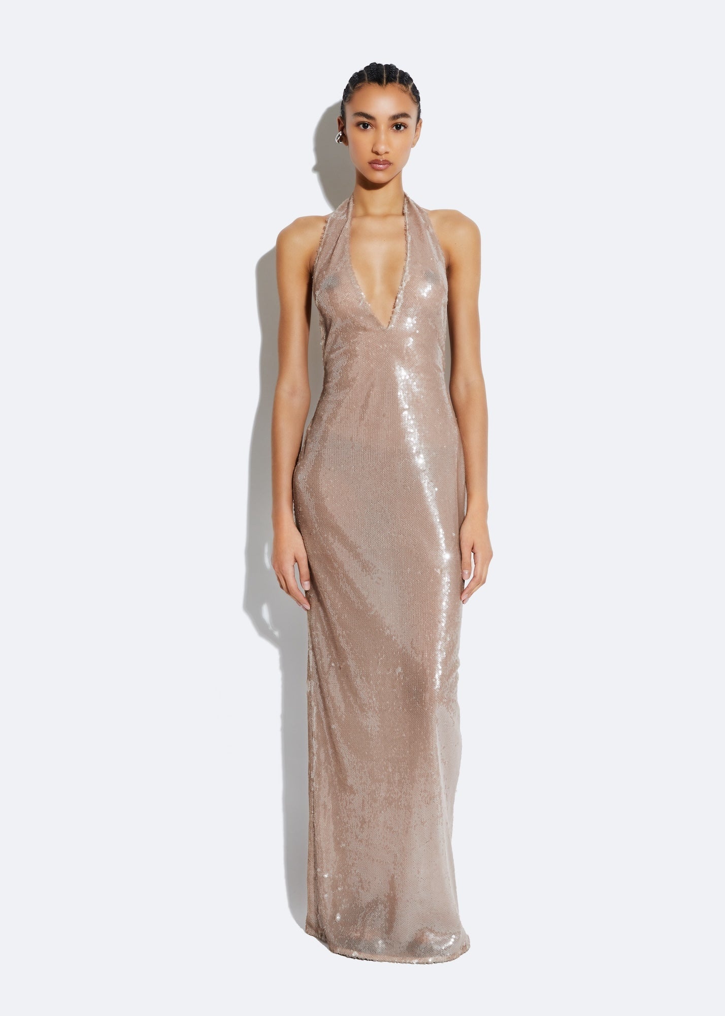 Sheer Sequin Deep V Neck Gown - 2
