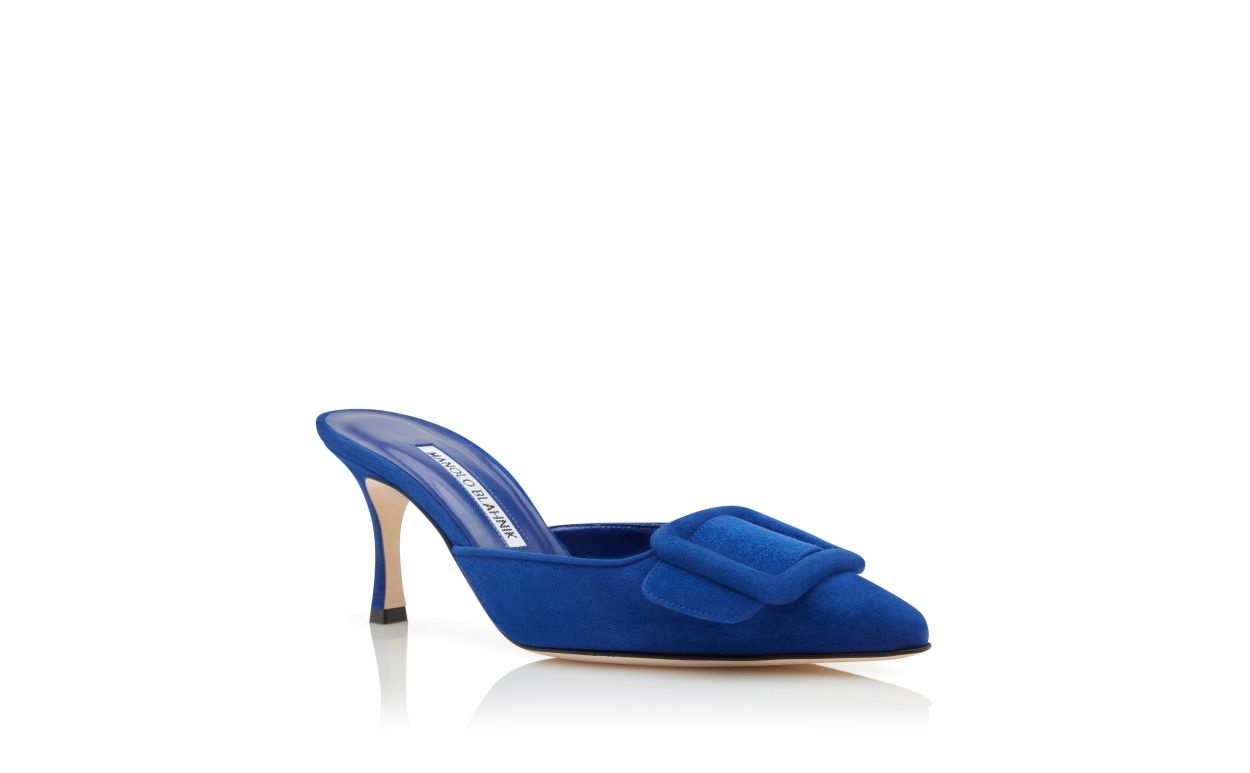 Blue Suede Buckle Detail Mules - 3