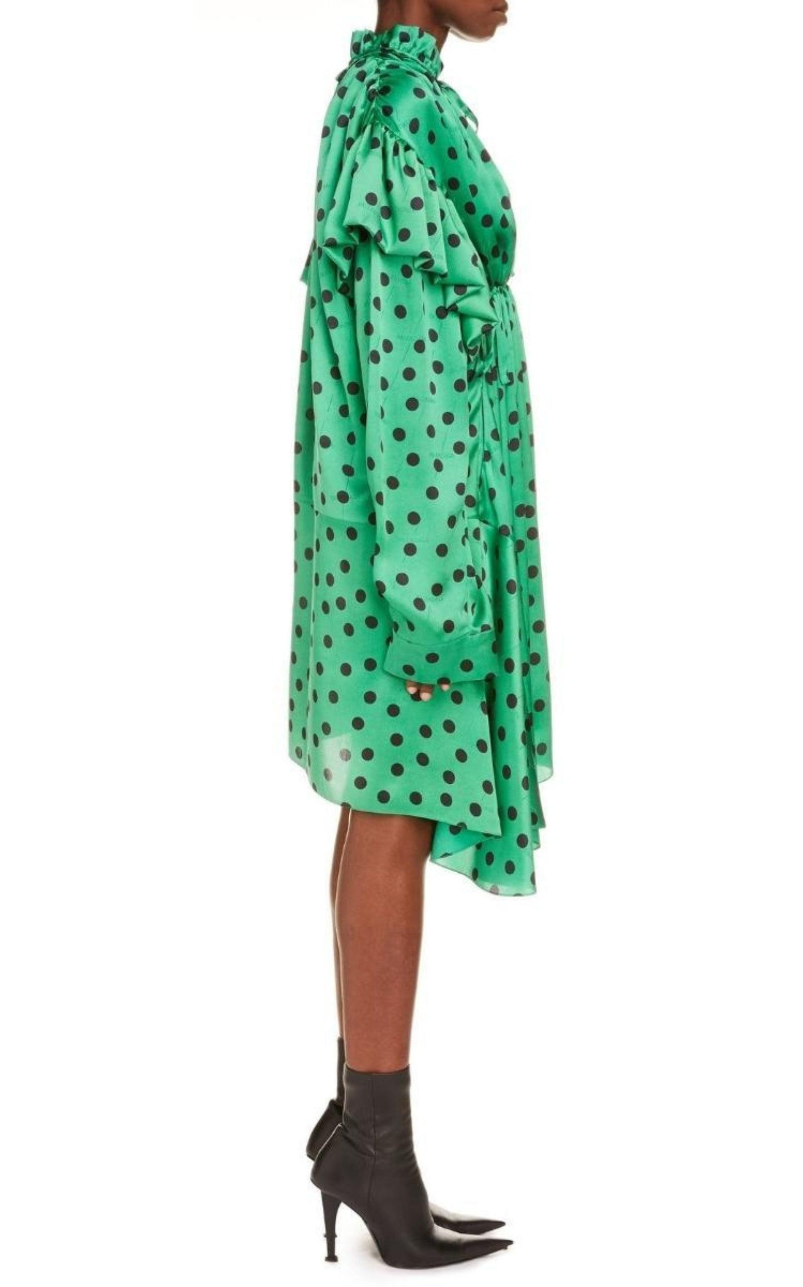 Polka Dot Print Long Sleeve Logo Jacquard Babydoll Dress - 3