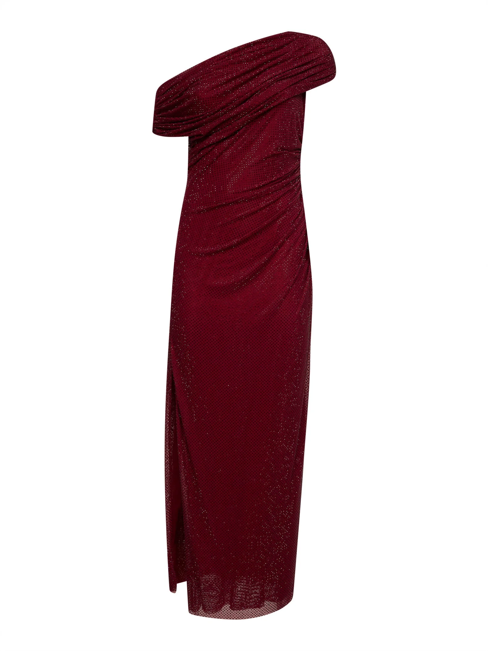 Burgundy rhinestone jersey one-shoulder midi dress - 1