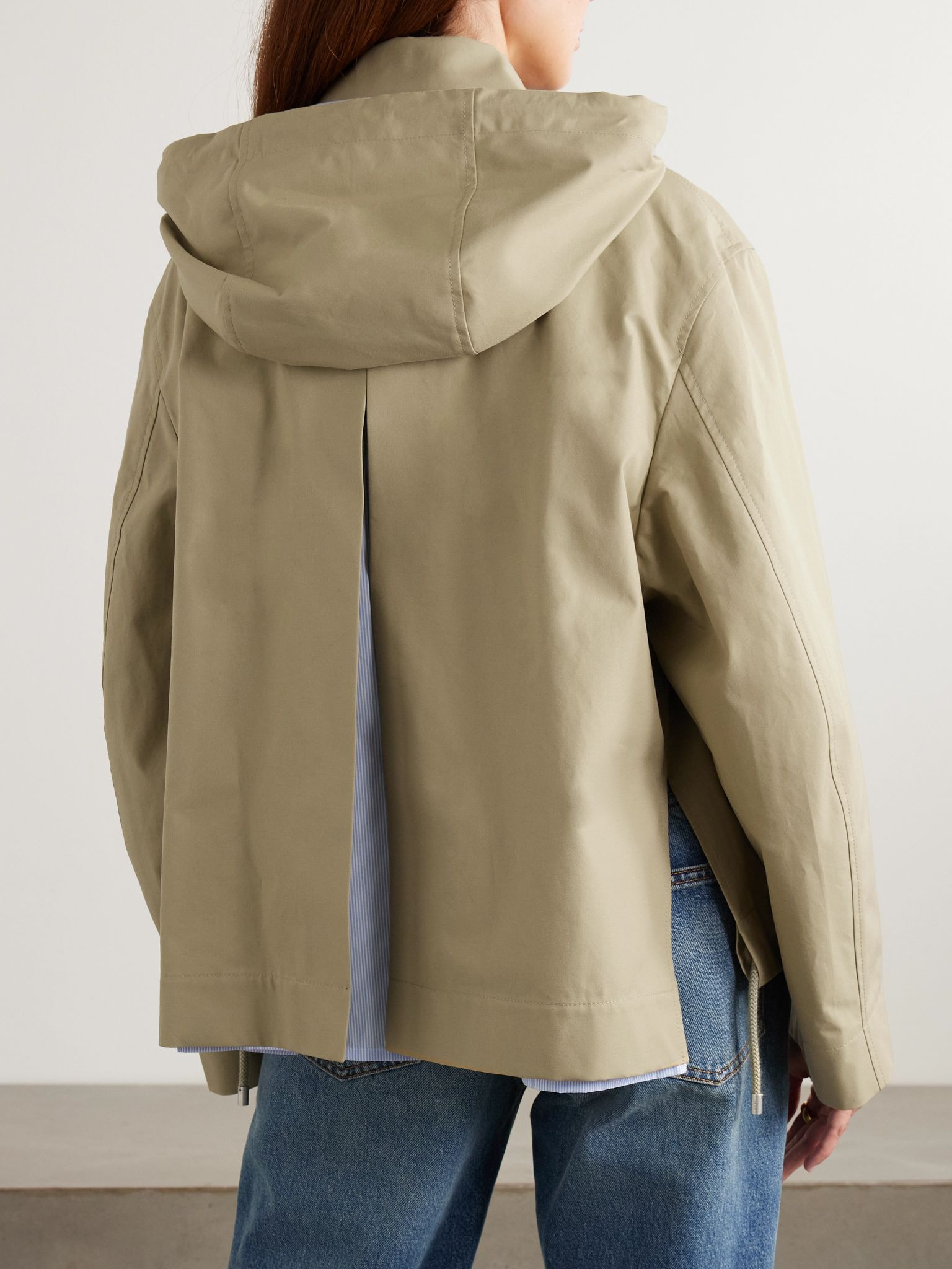 Hooded striped poplin-paneled embroidered cotton-twill jacket Beige - 4
