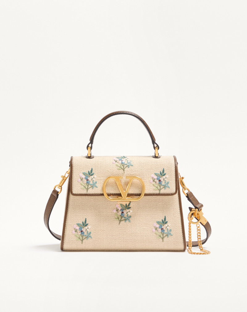 VALENTINO GARAVANI VSLING SMALL HANDBAG IN LINEN WITH EMBROIDERY 1