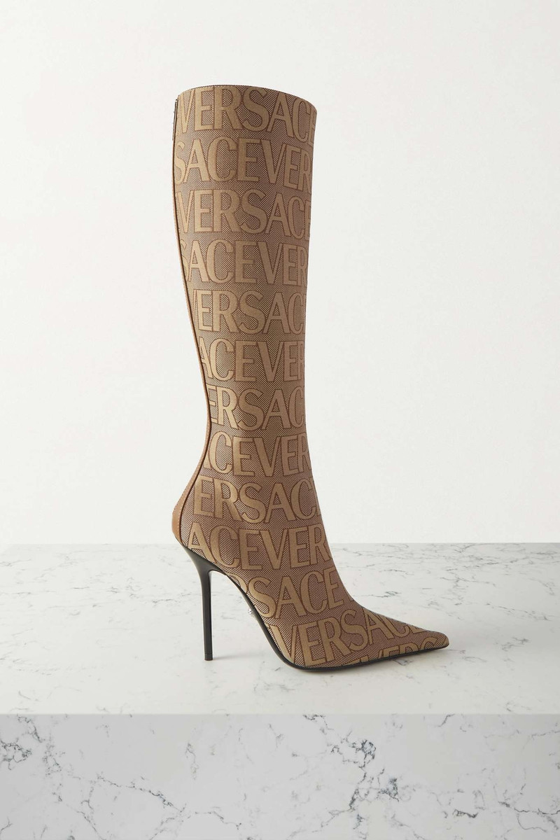 Leather-trimmed canvas-jacquard knee boots 1