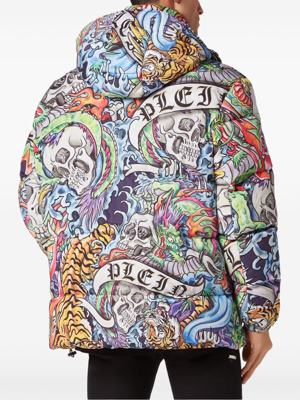 tattoo-print hooded puffer jacket - 4