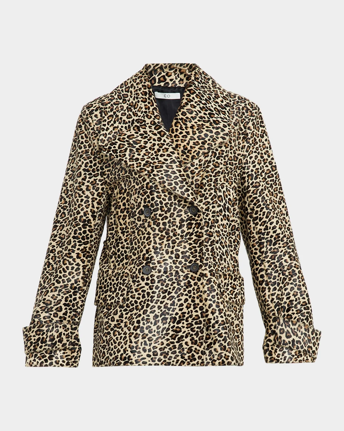 Leopard-Print Ponyhair Double-Breasted Short Peacoat - 1