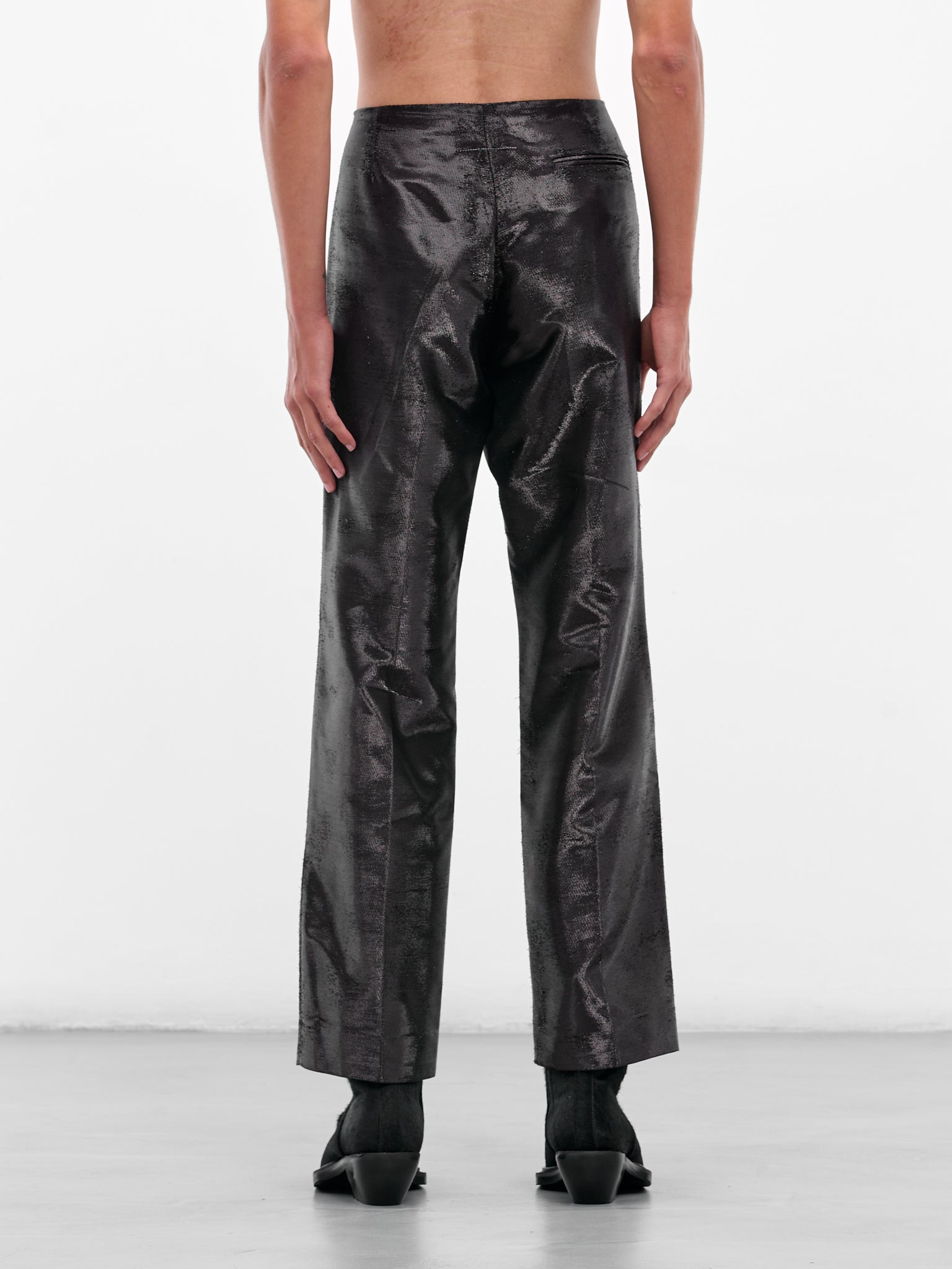 Black Distressed Jacquard Shine Trousers - 3