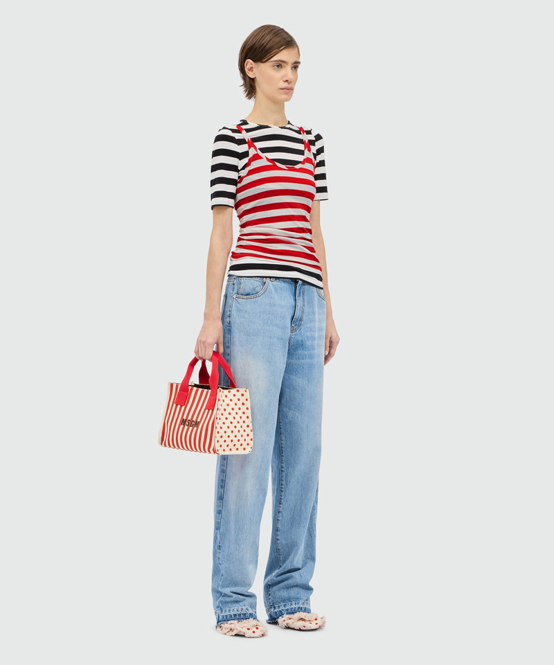 Small canvas tote with polka dot and stripe print. 5