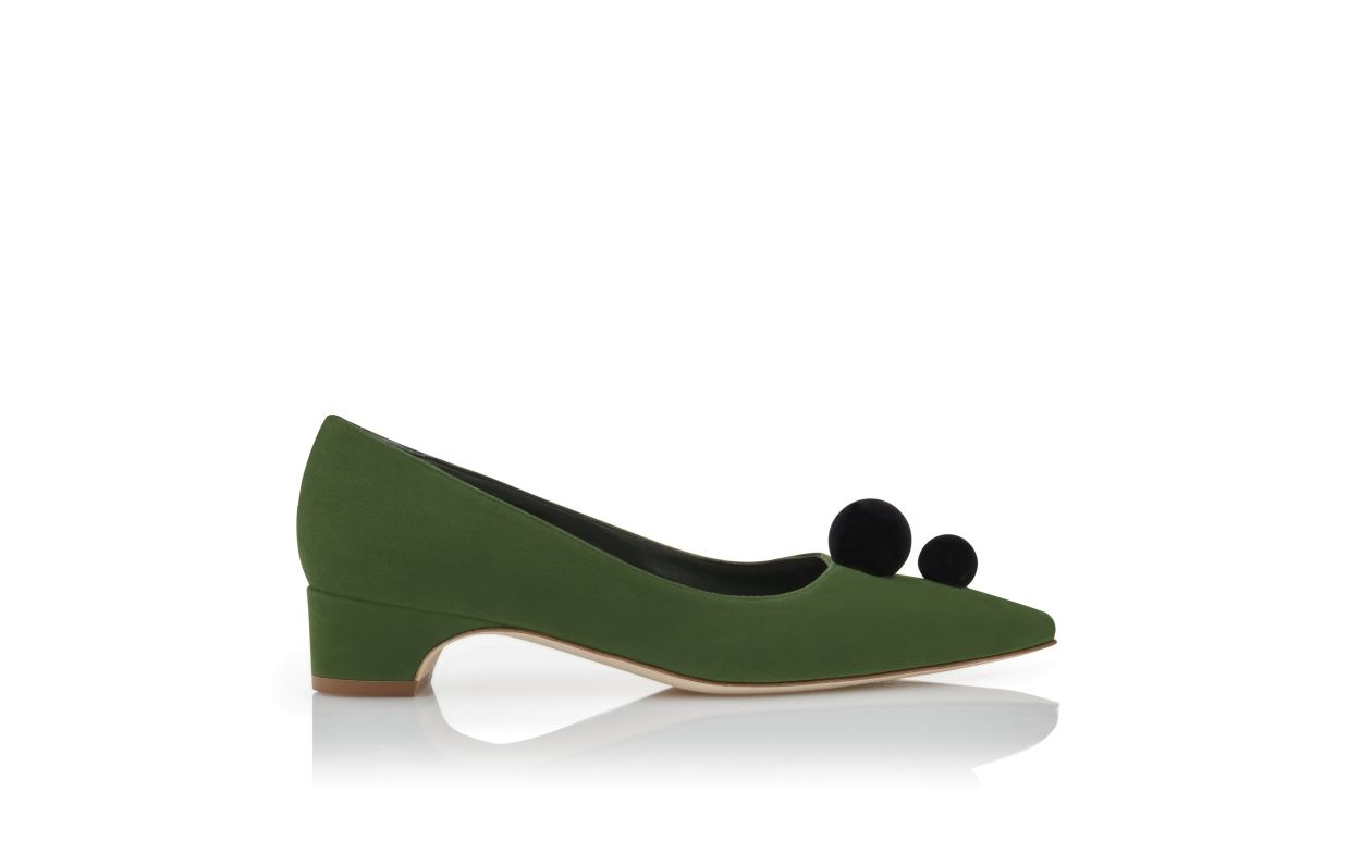 Green and Black Suede Pom Pom Detail Pumps - 1