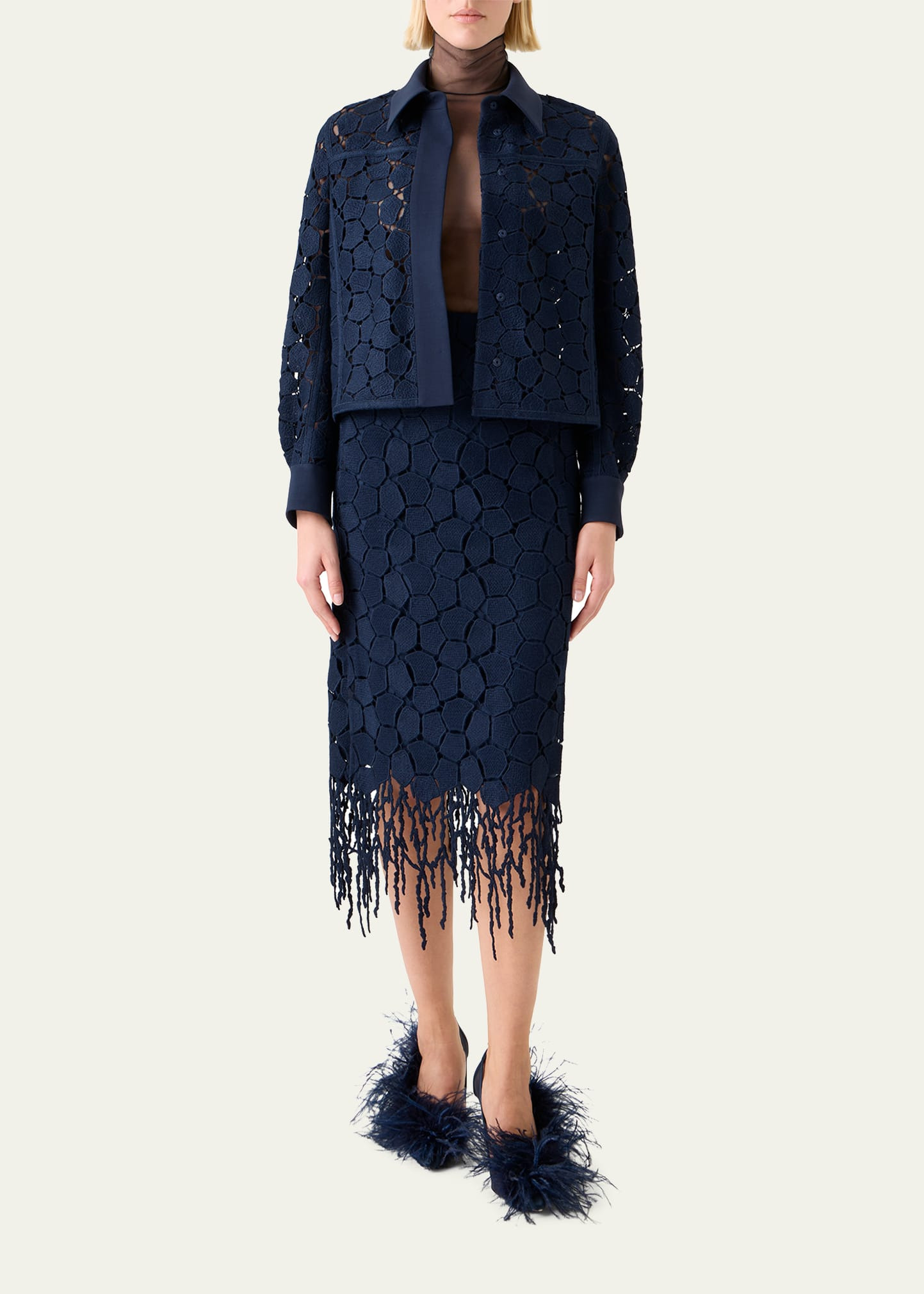 Broken Stone Guipure Fringed Midi Pencil Skirt - 2