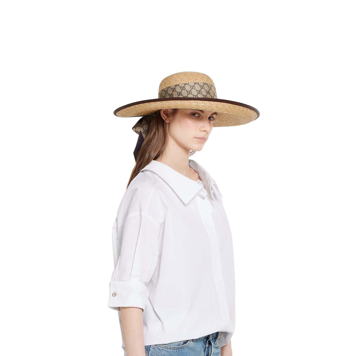 Straw wide brim hat with GG bow - 3