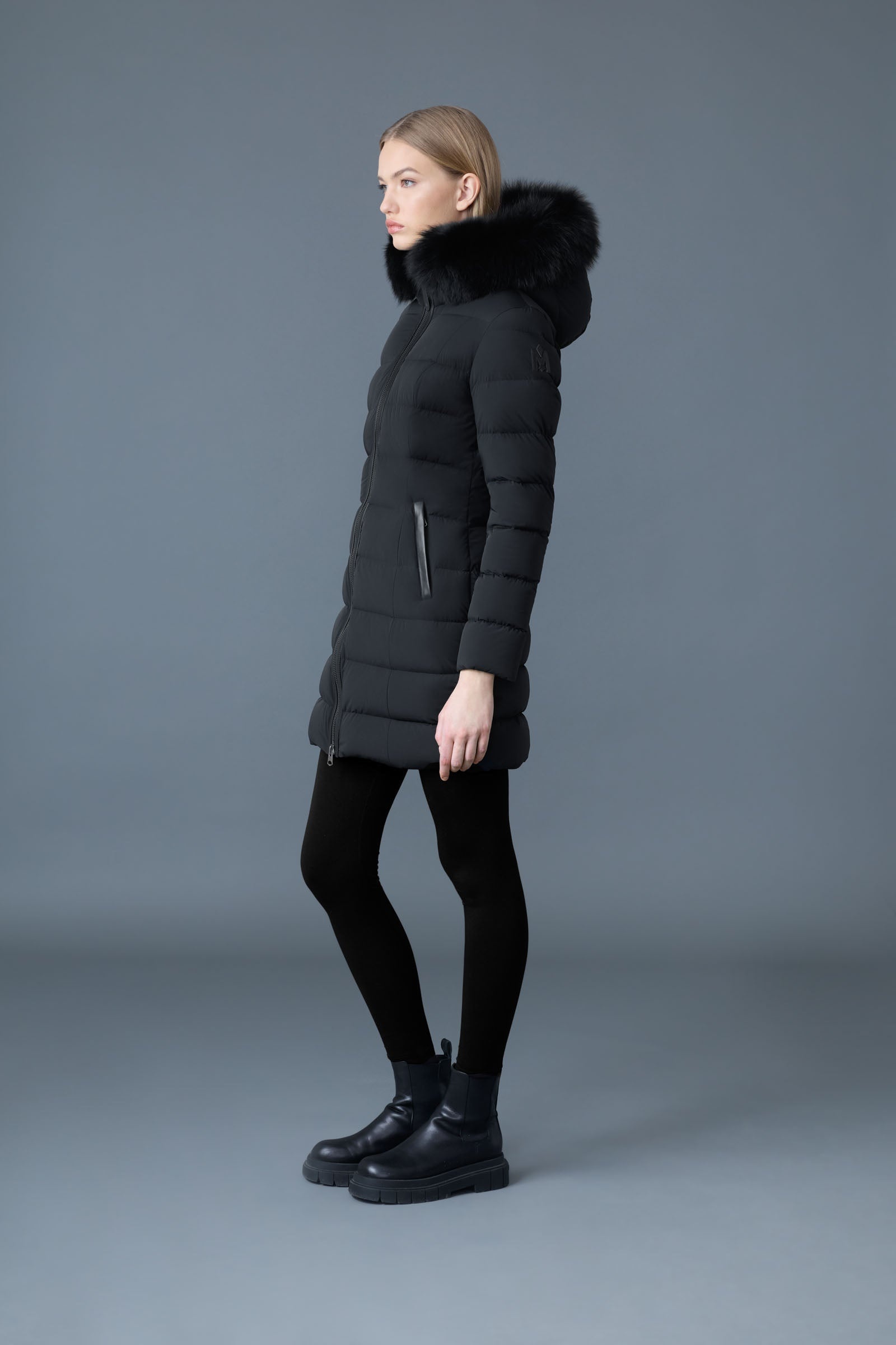 MACKAGE CALLA Agile 360 stretch light down coat with blue fox fur collar REVERSIBLE