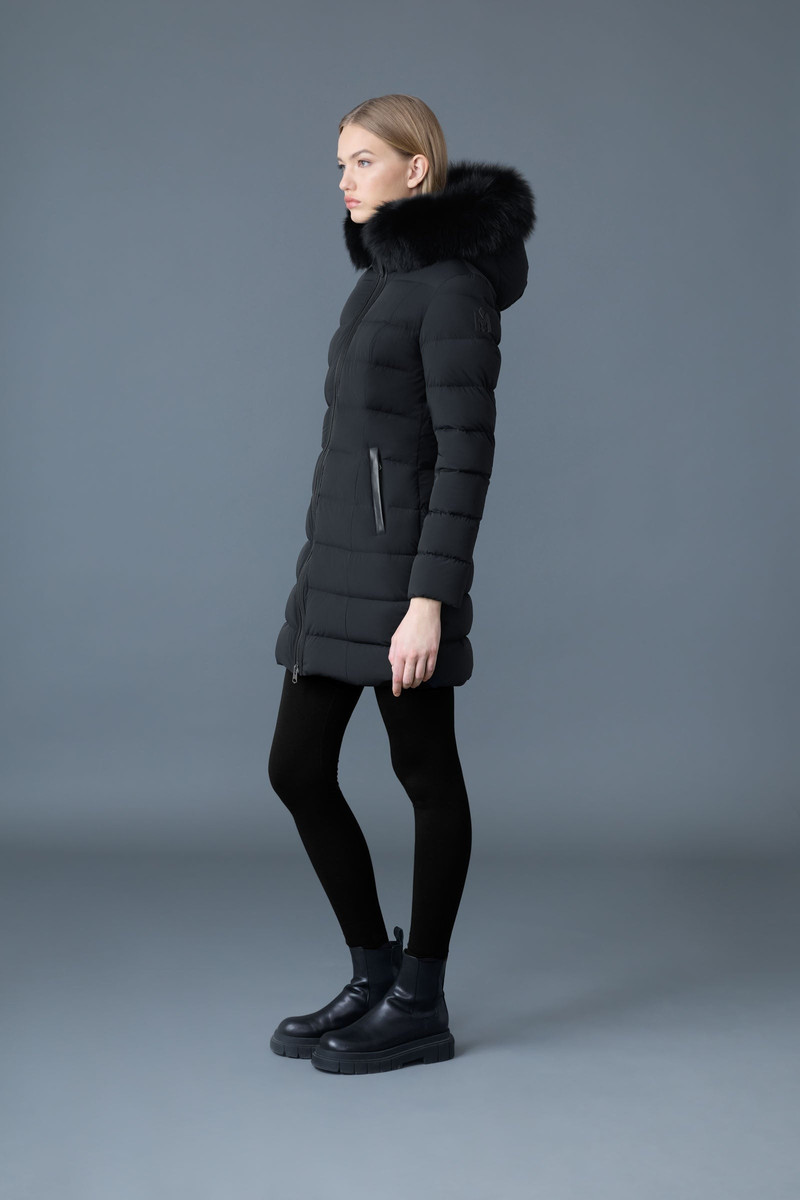 MACKAGE CALLA Agile-360 stretch light down coat with blue fox fur collar outlook