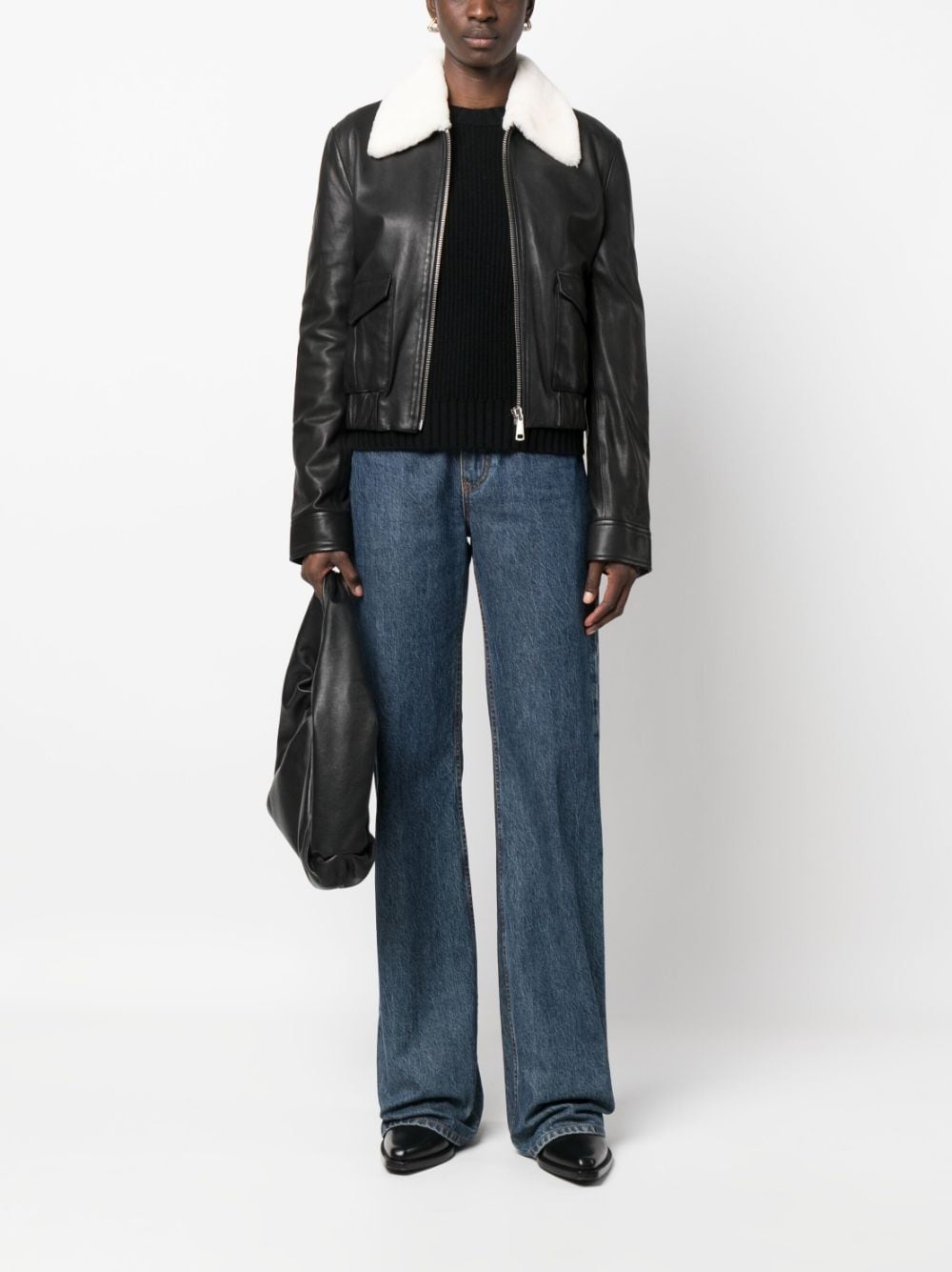 shearling-collar leather jacket - 2