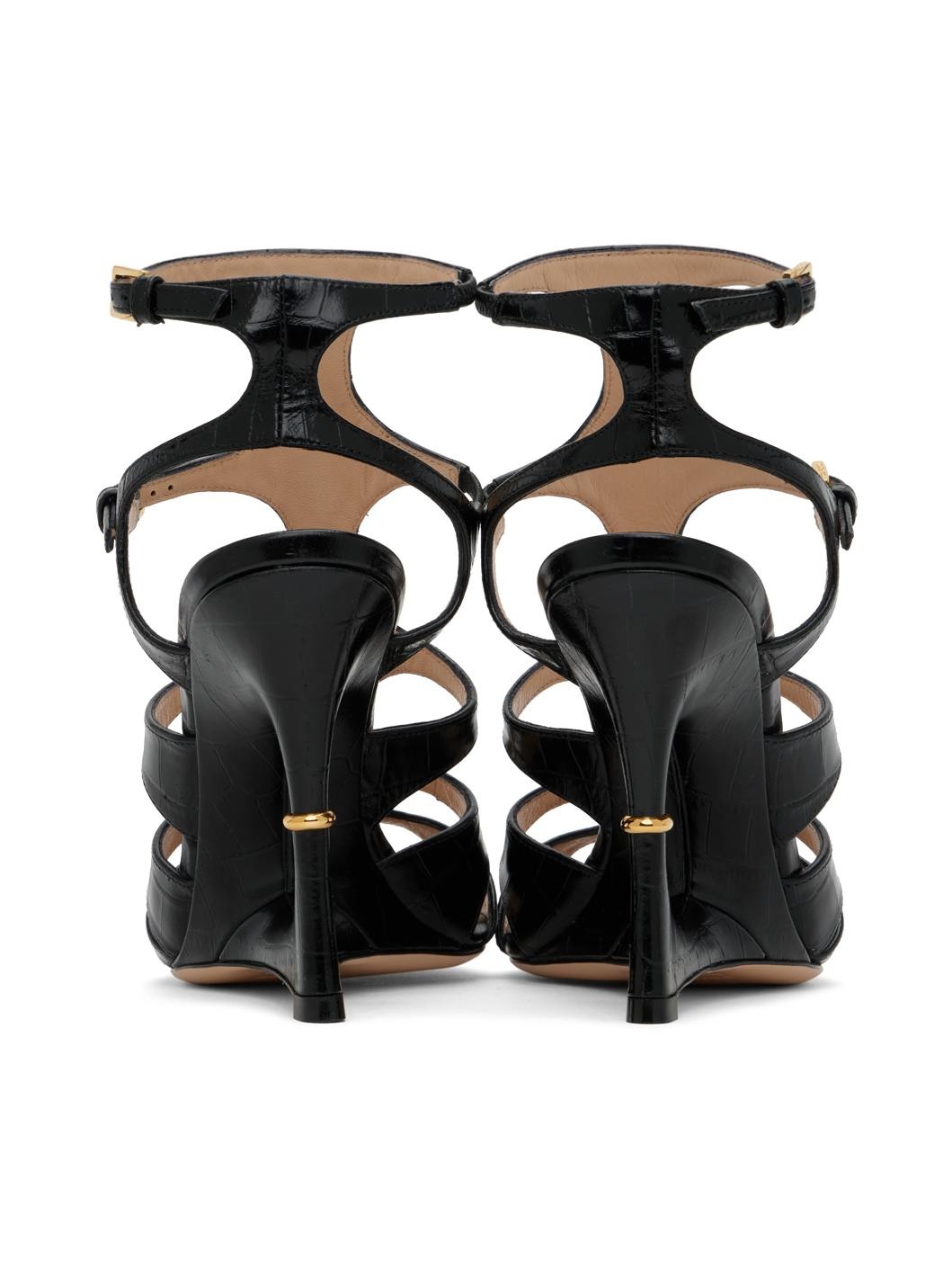 Black Shiny Stamped Crocodile Heeled Sandals - 2