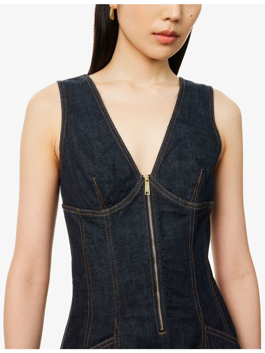 V-Neck Flared Stretch-Denim Blend Midi Dress - 5