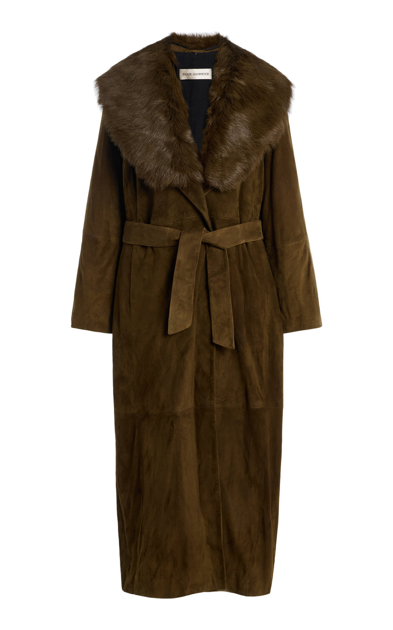 Briona Convertible Shearling-Trimmed Suede Trench Coat green 1