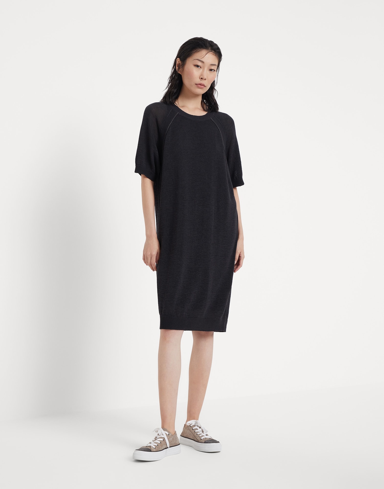 Cotton knit dress with shiny piping - 1