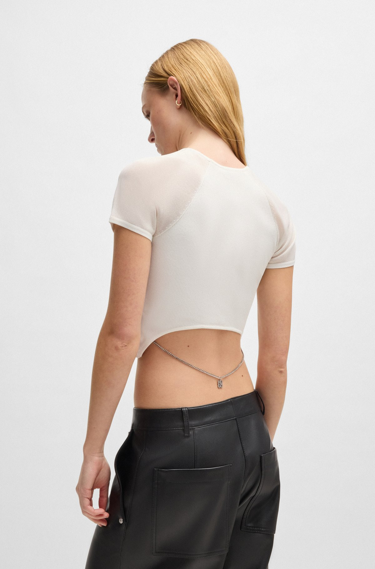 RIB-KNIT TOP WITH SHEER PANELS AND LOGO CHAIN - 4