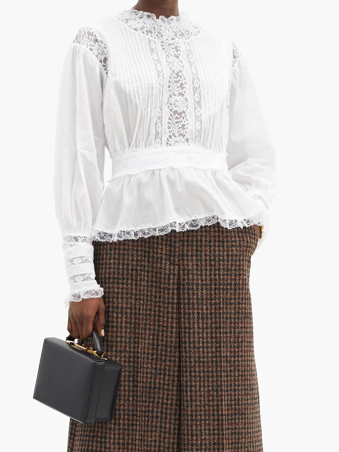 Lace-trimmed pintucked cotton-blend blouse - 6