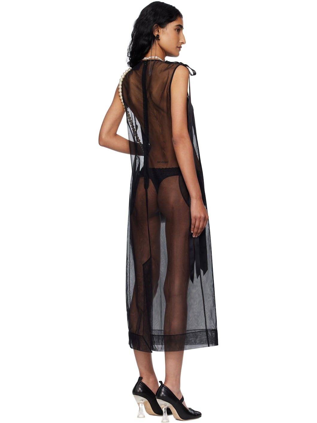 Black Sheer Bow Ribbon Tail Midi Dress - 3