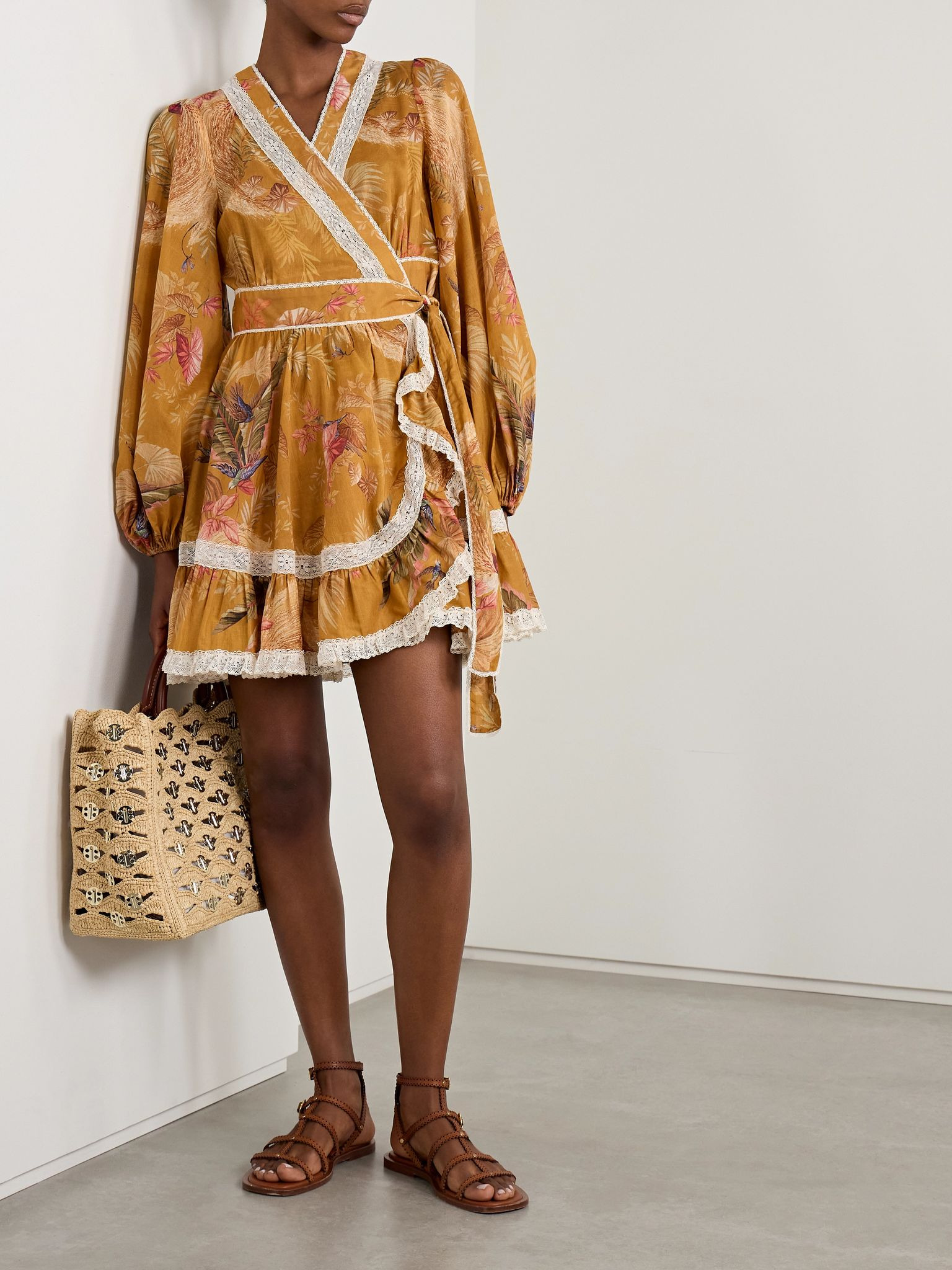 Ascension lace-trimmed tiered printed cotton-voile mini wrap dress Yellow - 2