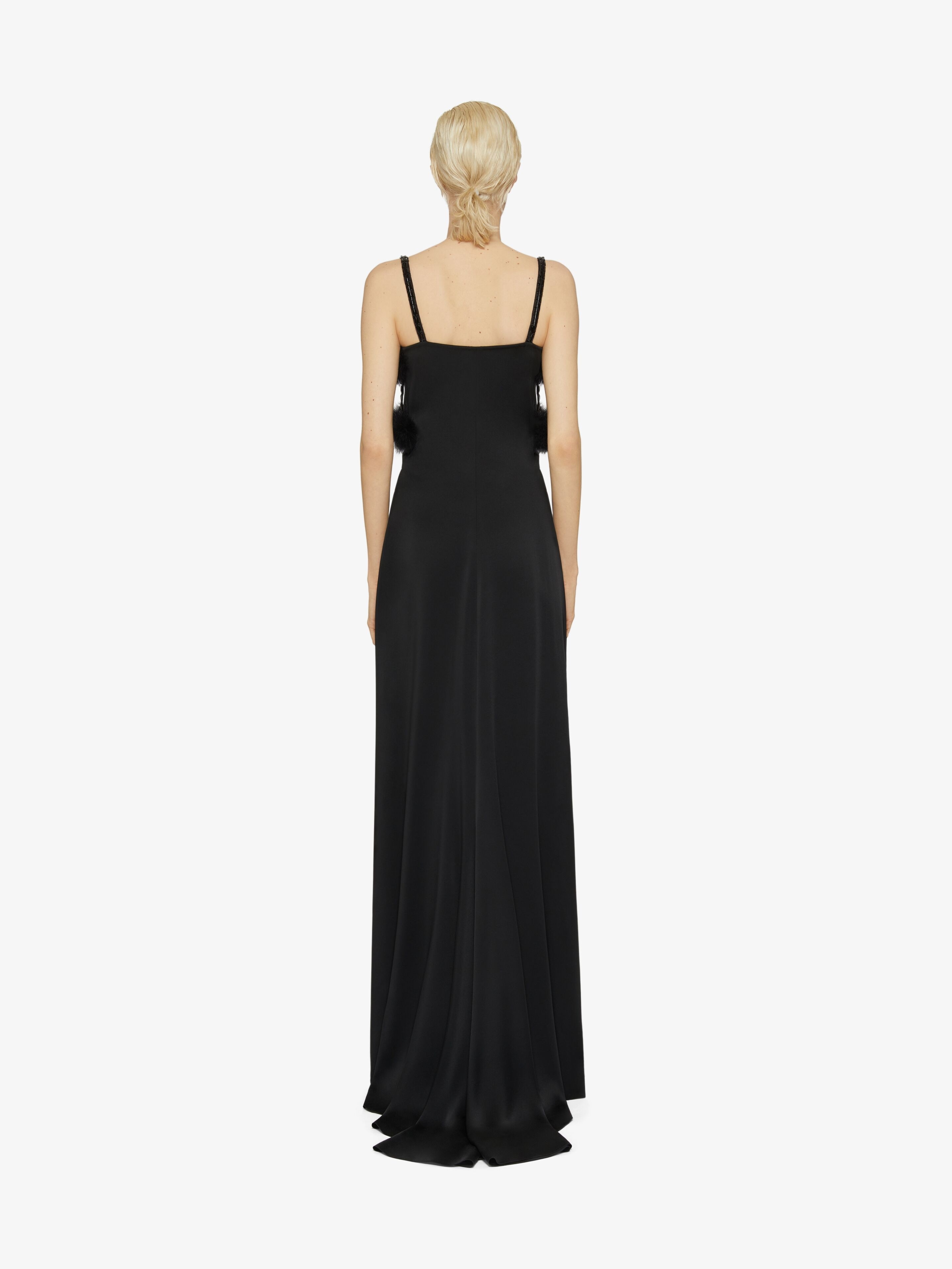 EVENING DRESS IN SATIN WITH POMPOMS AND CRYSTALS - 3