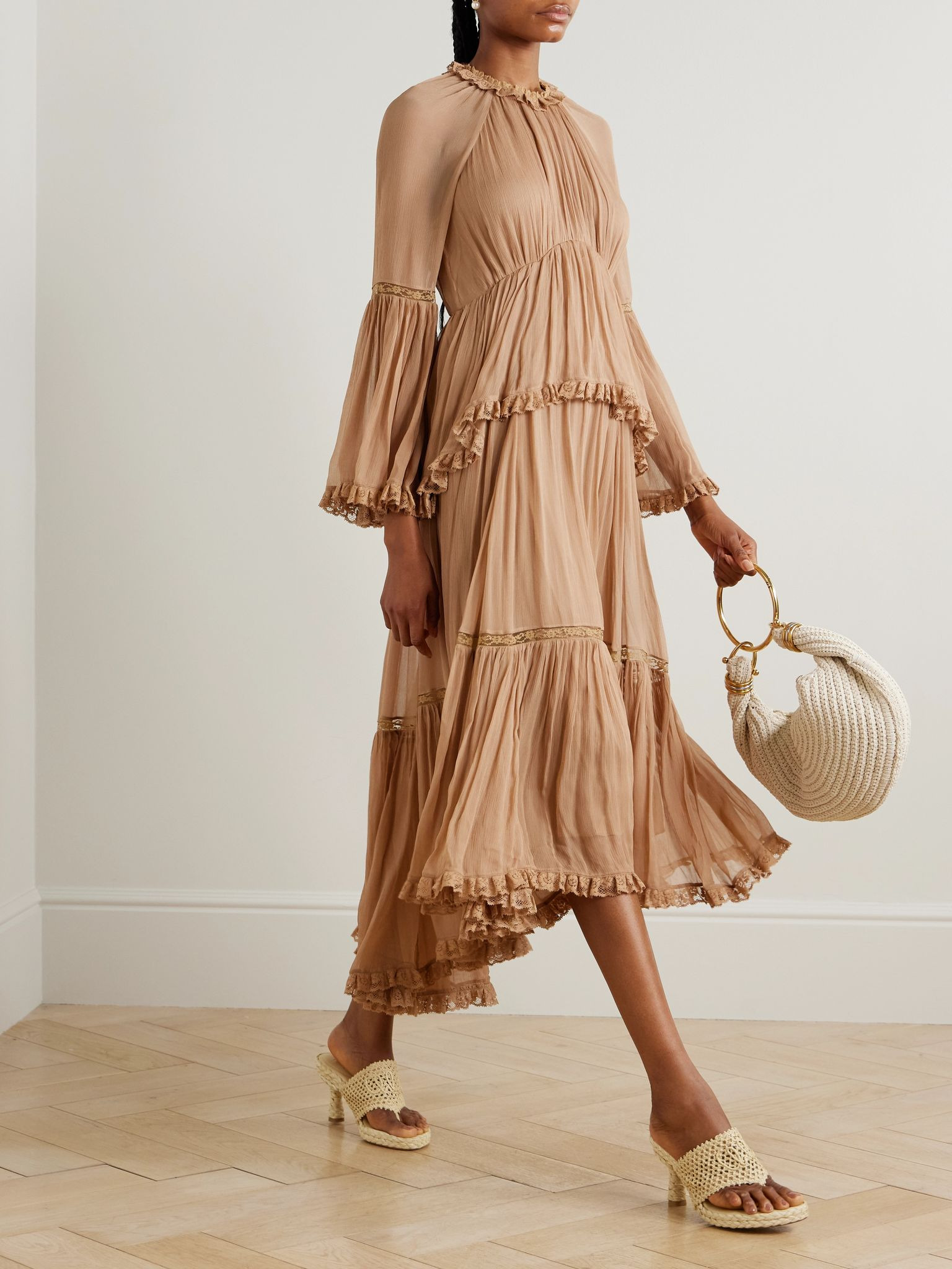 Hypnotic lace-trimmed tiered crepe de chine midi dress Beige - 2