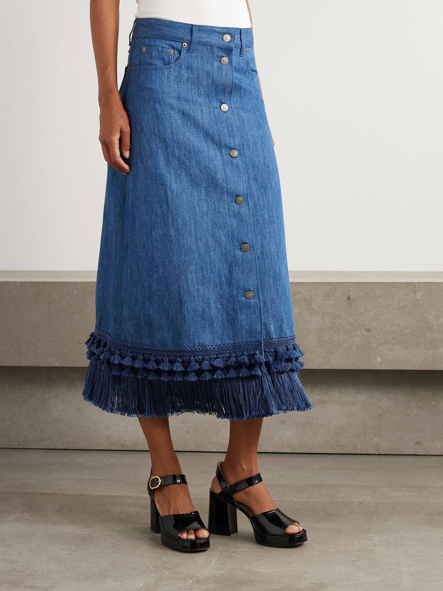 Tasseled fringed denim midi skirt Navy - 3