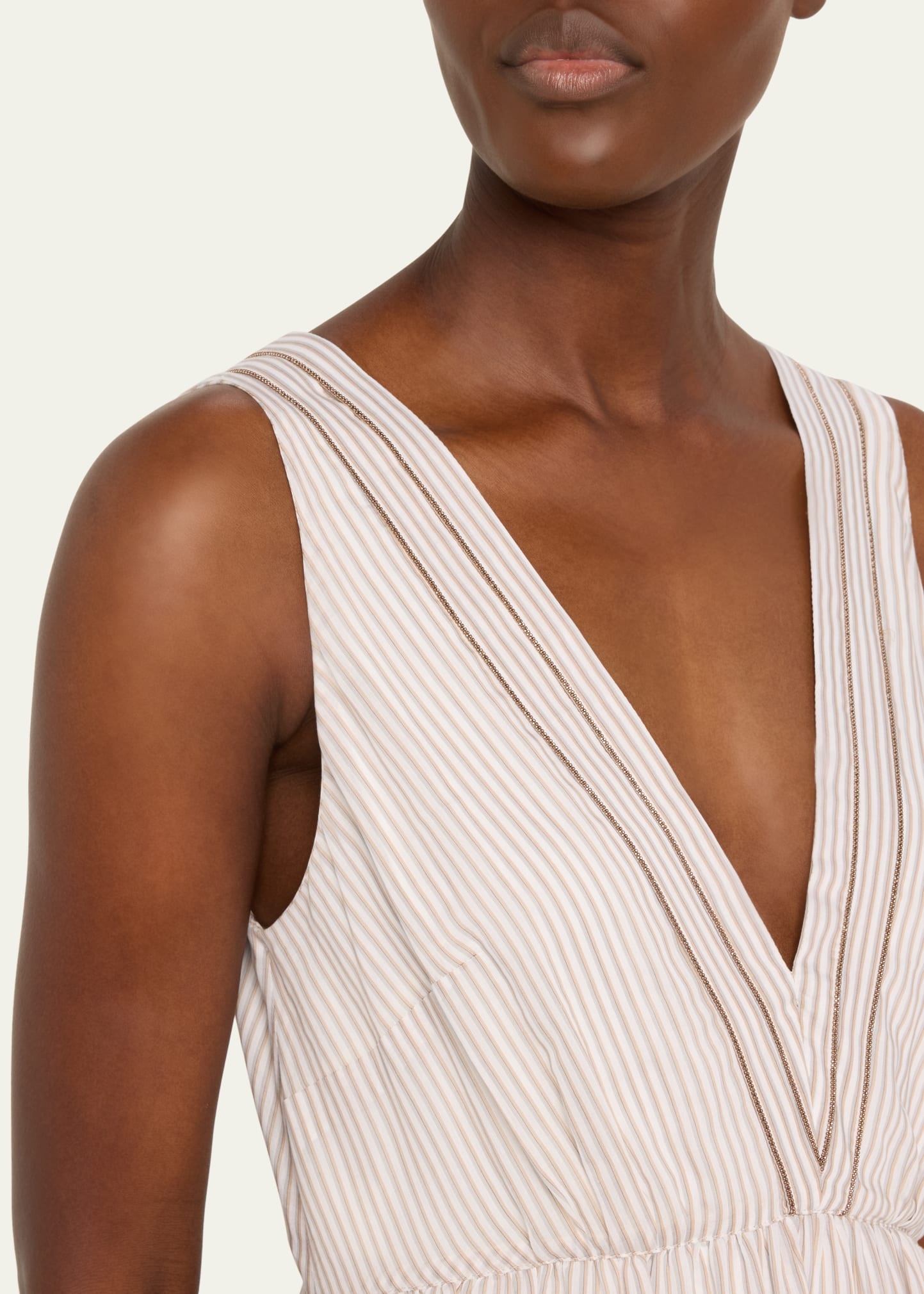 Cotton Silk Striped Maxi Dress with Ruffled Waist and Monili Detail - 5