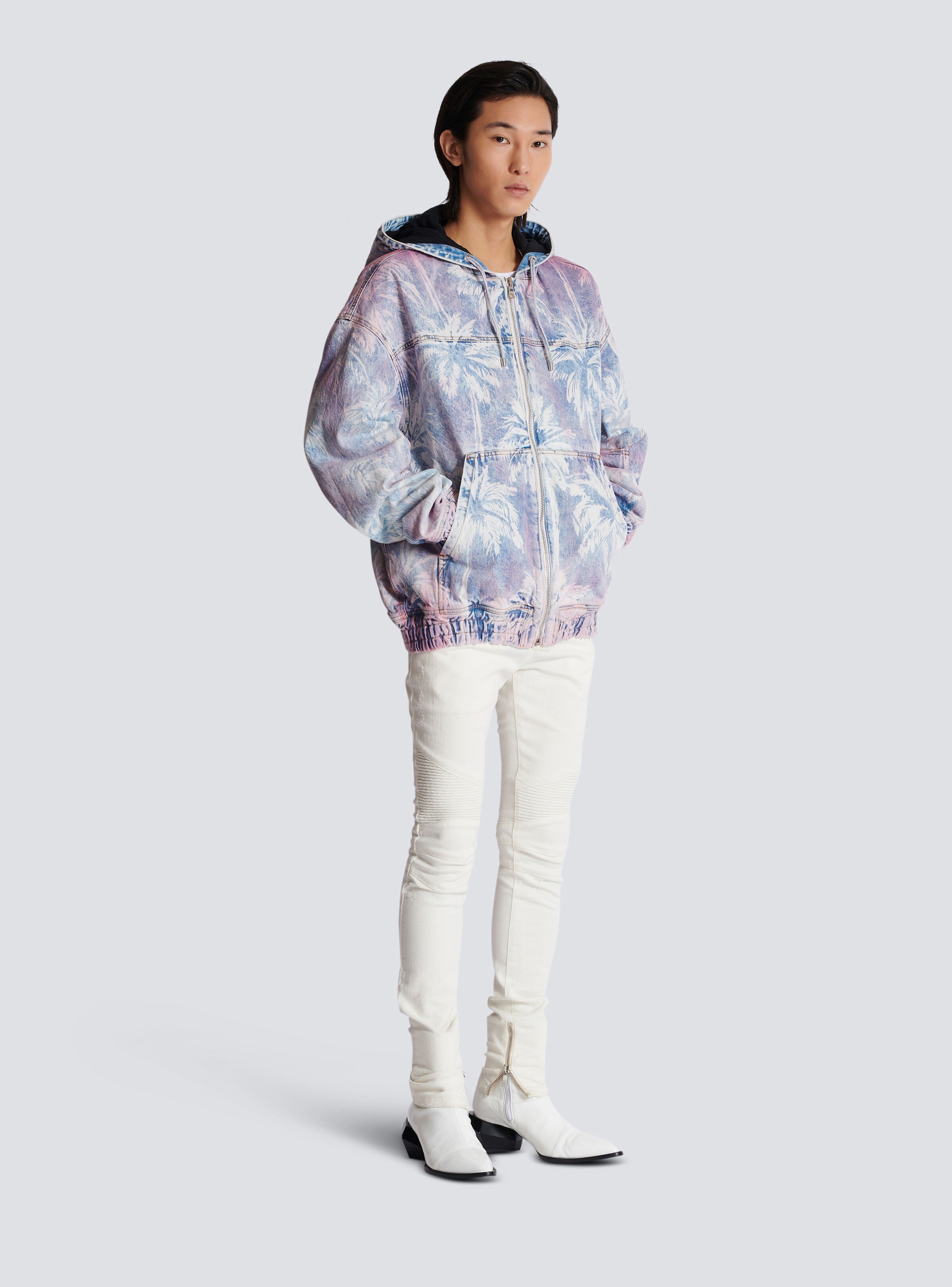 Denim hooded bomber jacket with palm tree print - 3