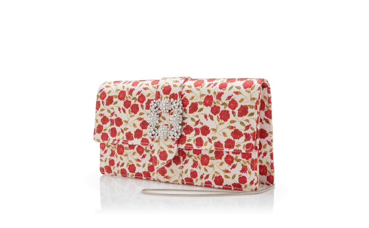White and Red Satin Jewel Buckle Clutch - 3