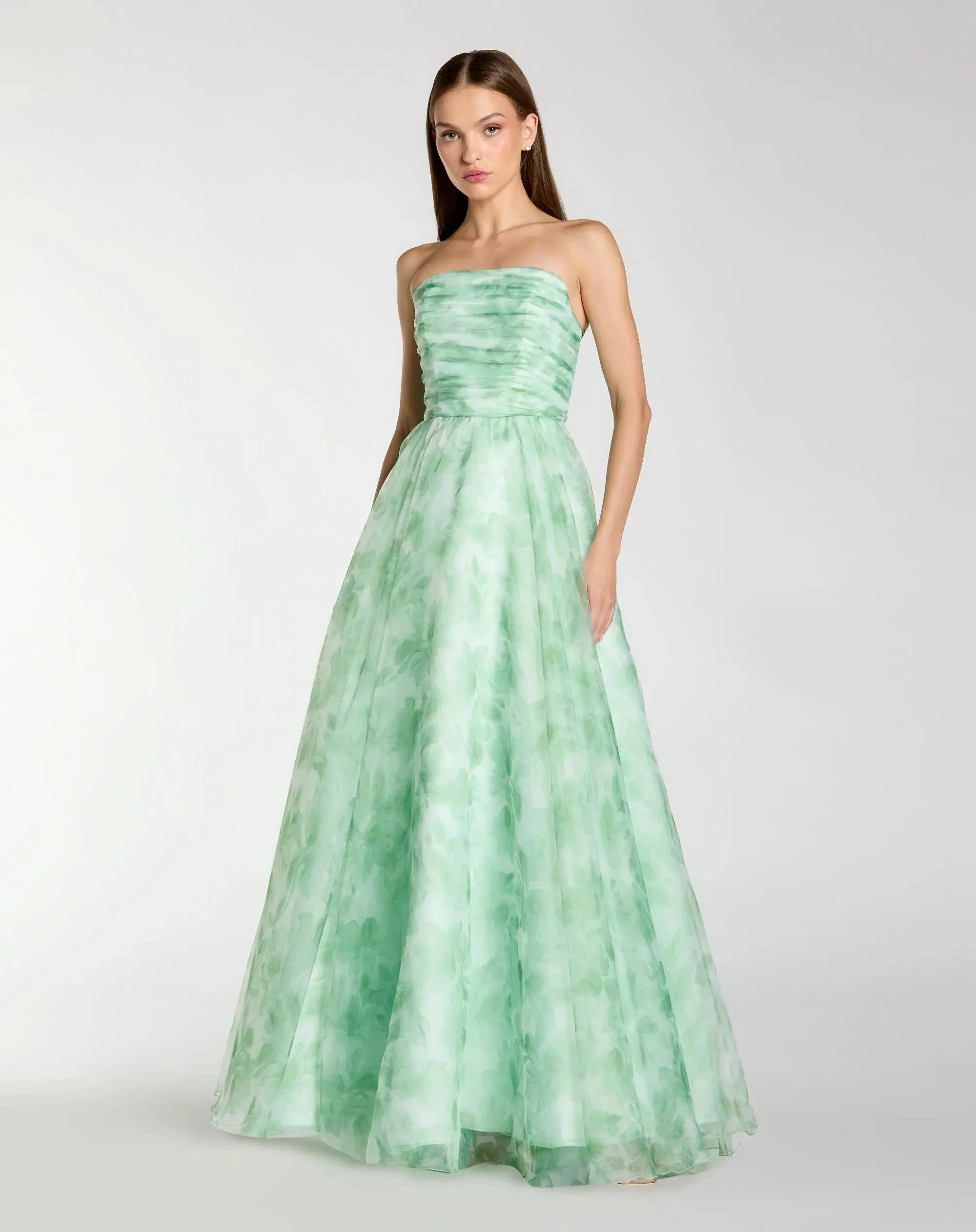 Green Strapless Floral Chiffon Gown with Ruched Detail - 1