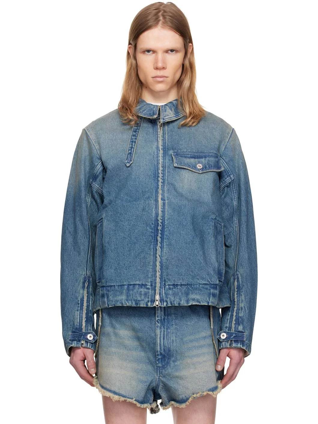 Blue Washed Zipped Denim Jacket - 1