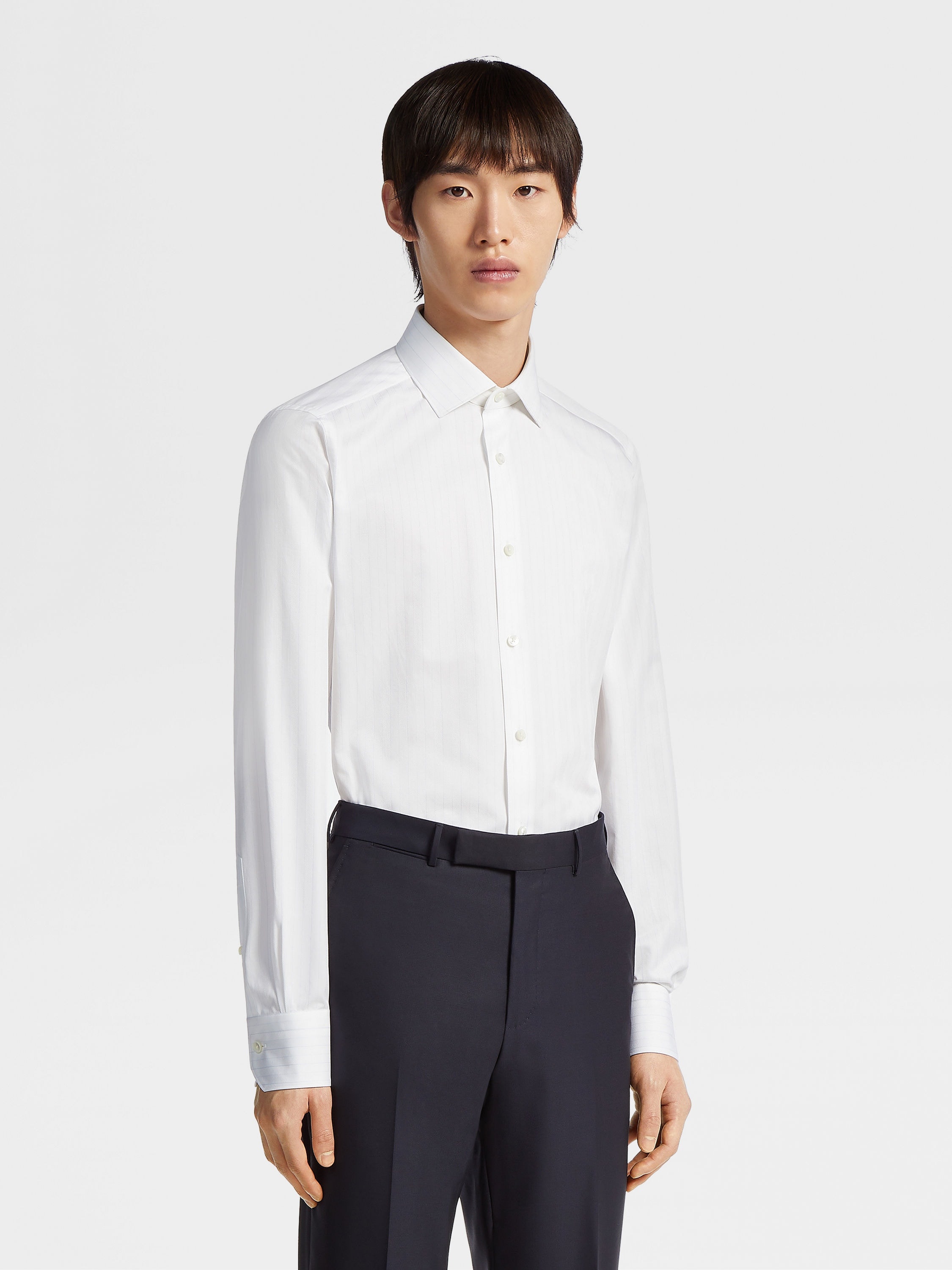 WHITE NAVY BLUE AND LIGHT BLUE TRECAPI COTTON STRUCTURED STRIPED SHIRT - 2