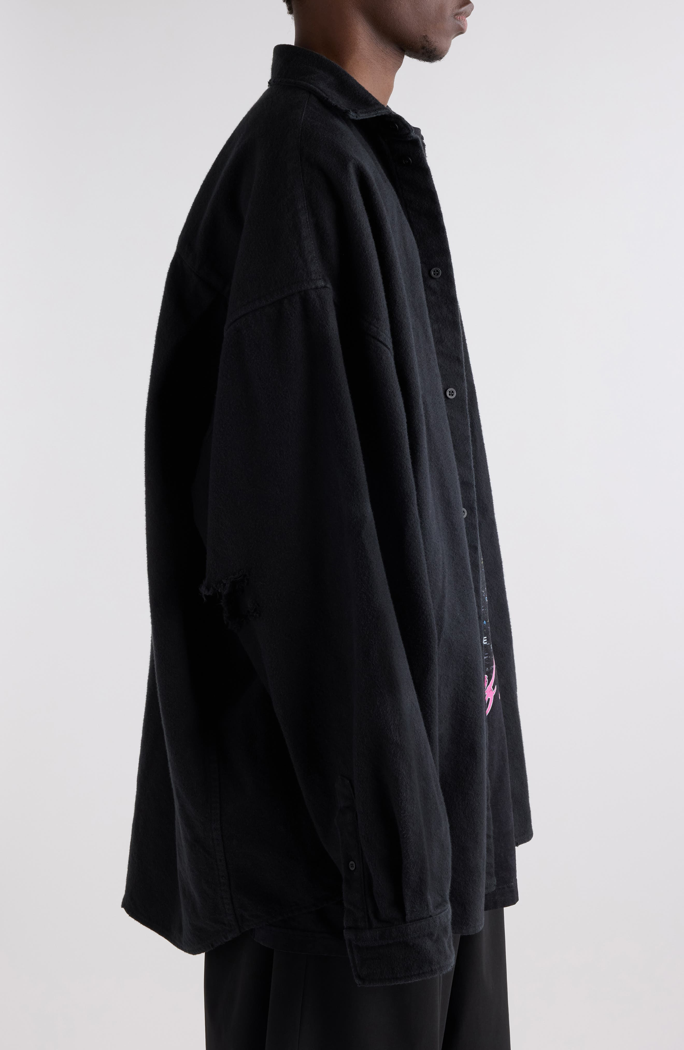 Balenciaga Layered Distressed Long Sleeve Graphic Shirt in 1000 Black at Nordstrom - 4