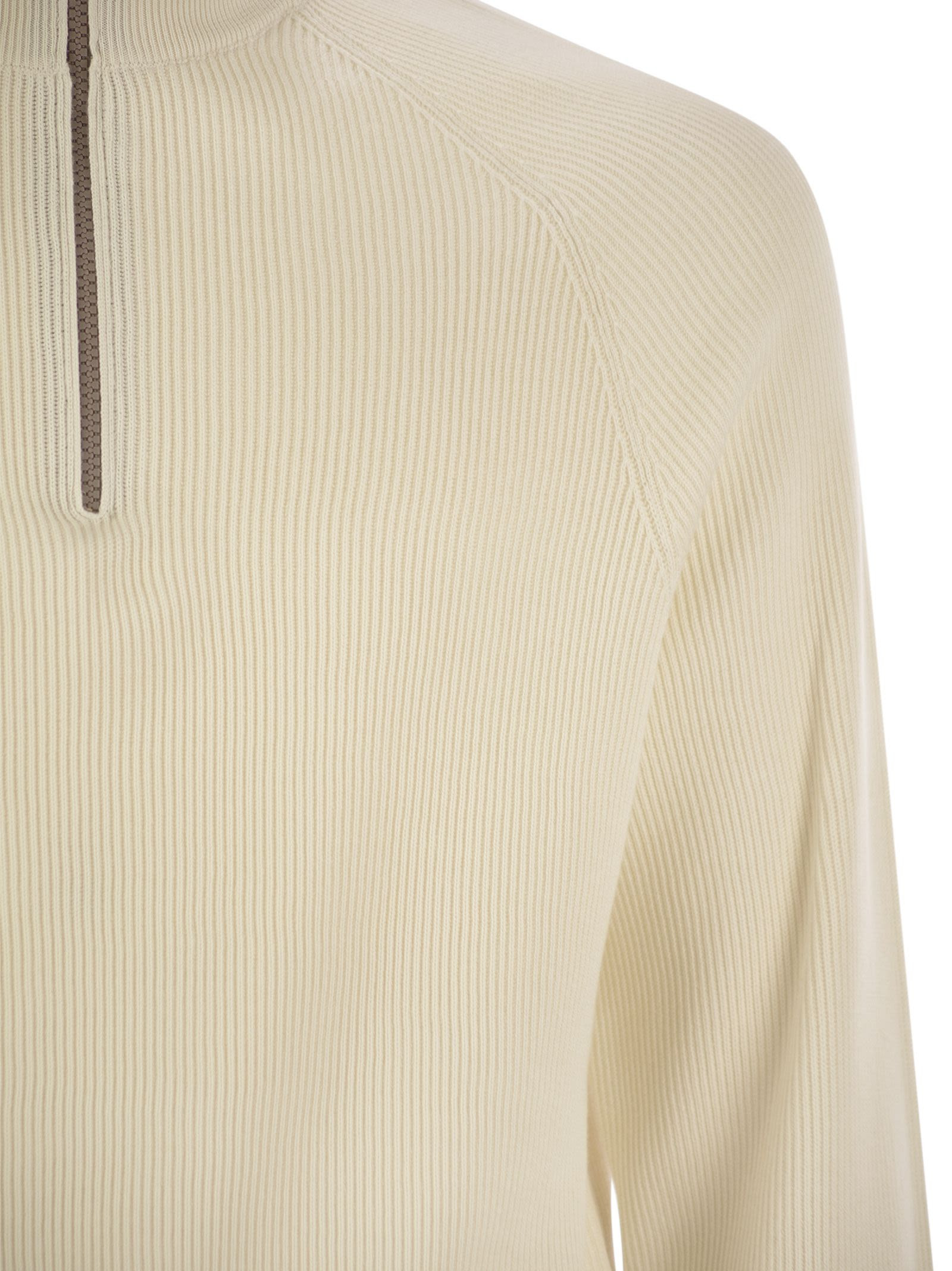 Brunello Cucinelli Men Cotton Rib Sweater With Zip Opening And Raglan Sleeve - 4