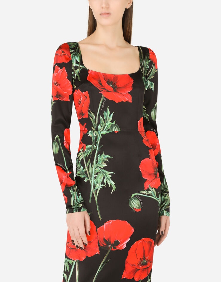 Satin calf-length dress with poppy print - 4