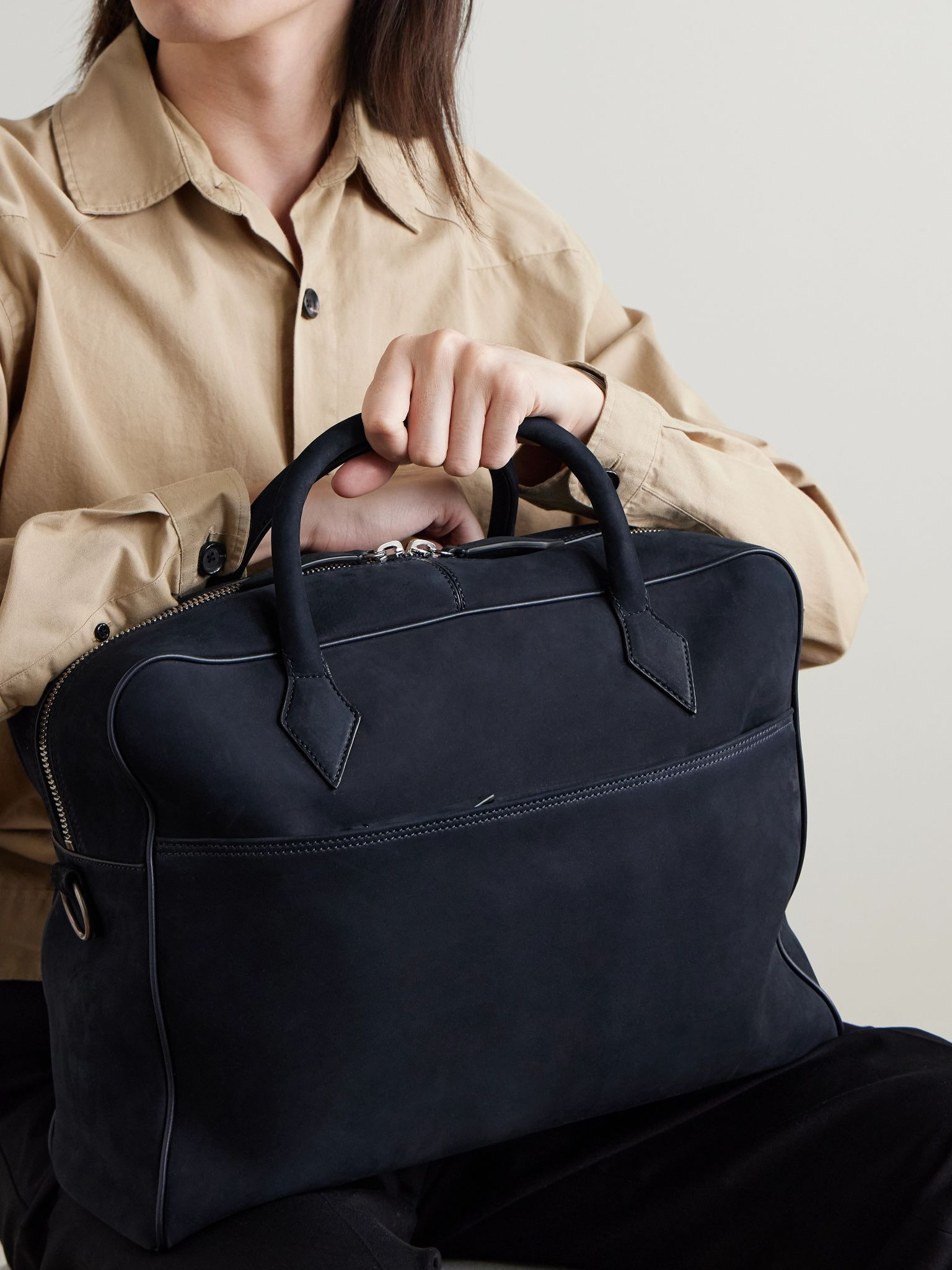 Closer All Day Leather-Trimmed Nubuck Briefcase Navy - 6