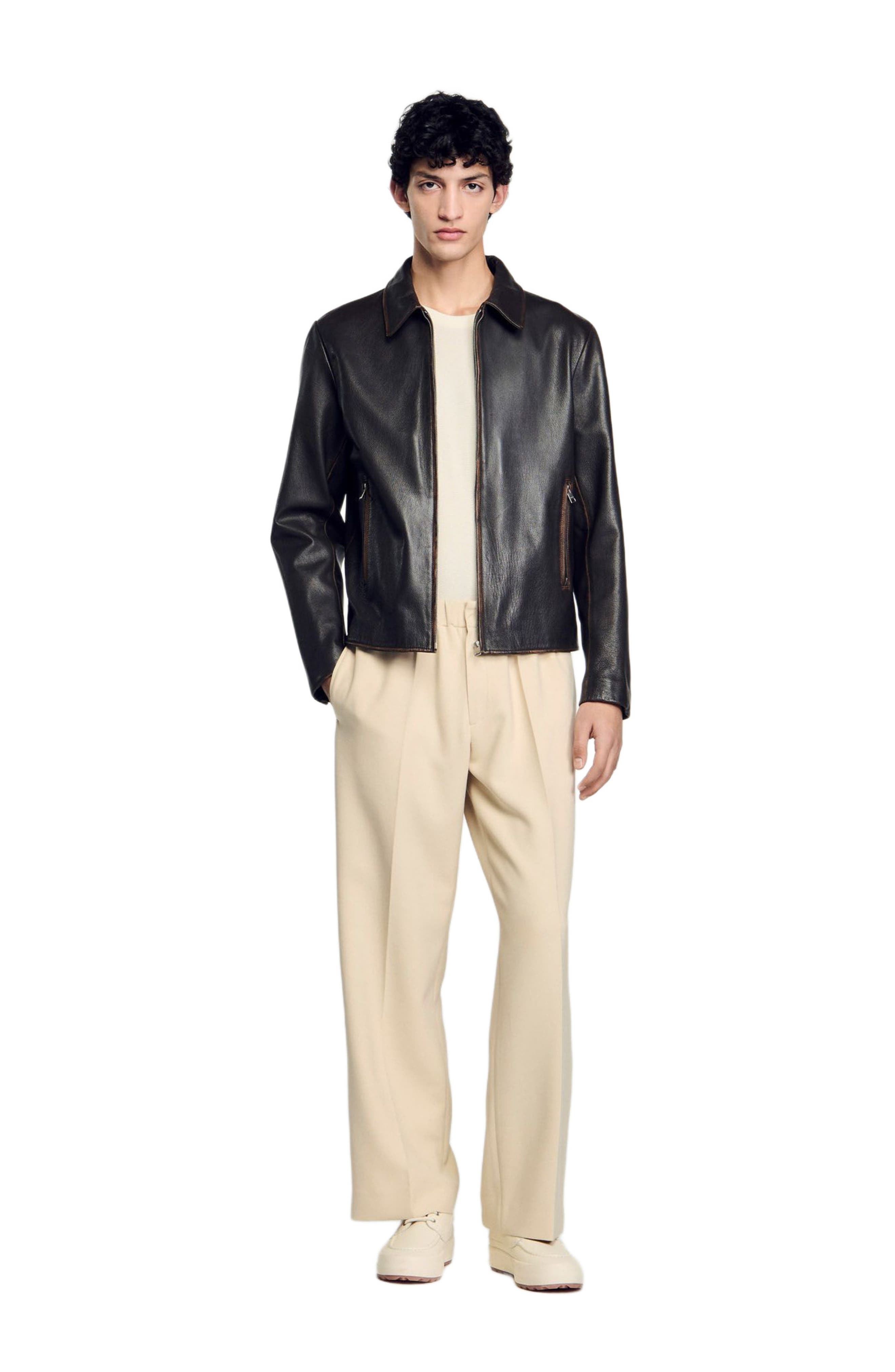 SANDRO Distressed-look leather jacket in Moka. at Nordstrom - 6