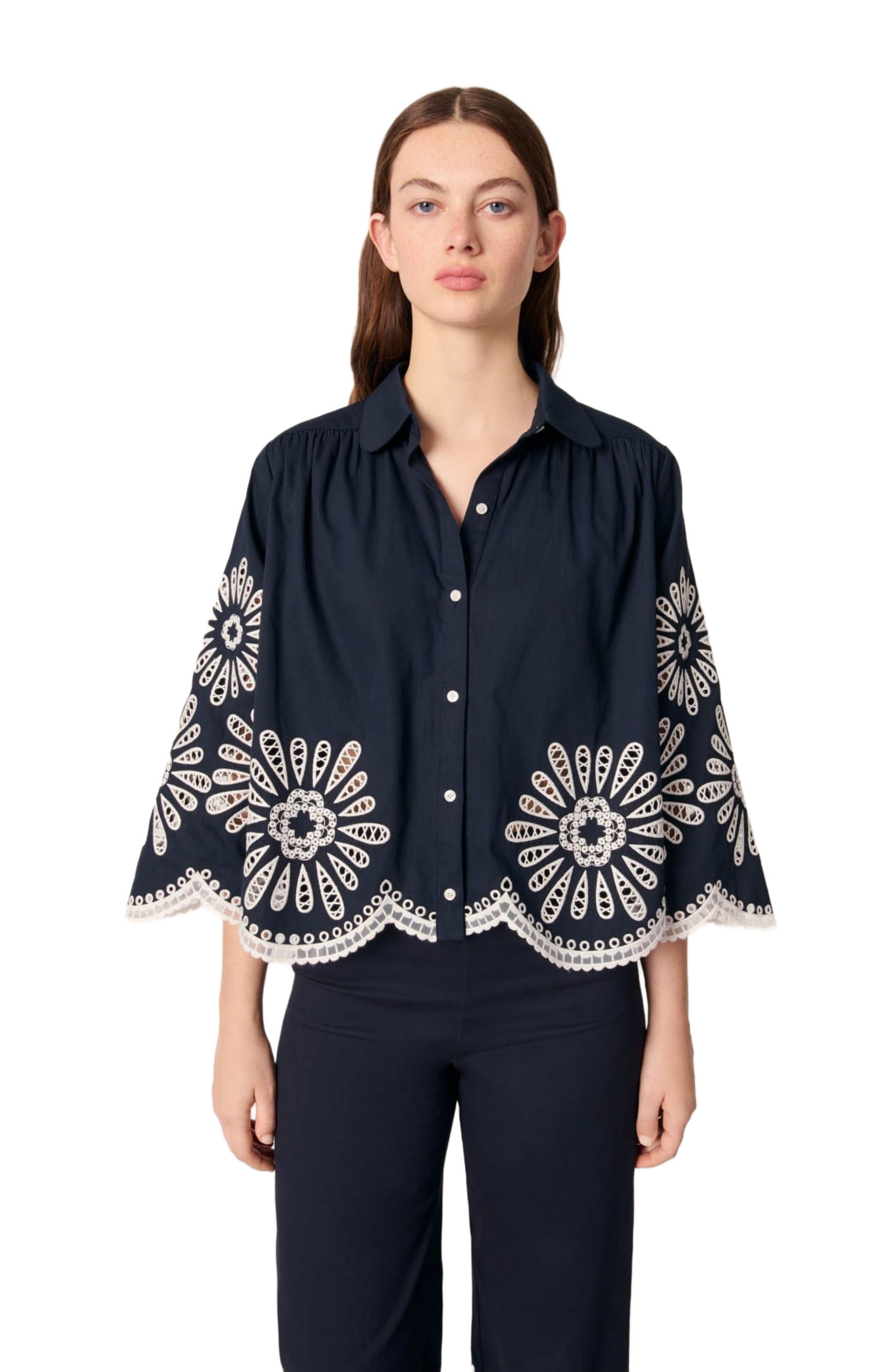 maje Cropped shirt with crochet detail in Navy at Nordstrom - 1