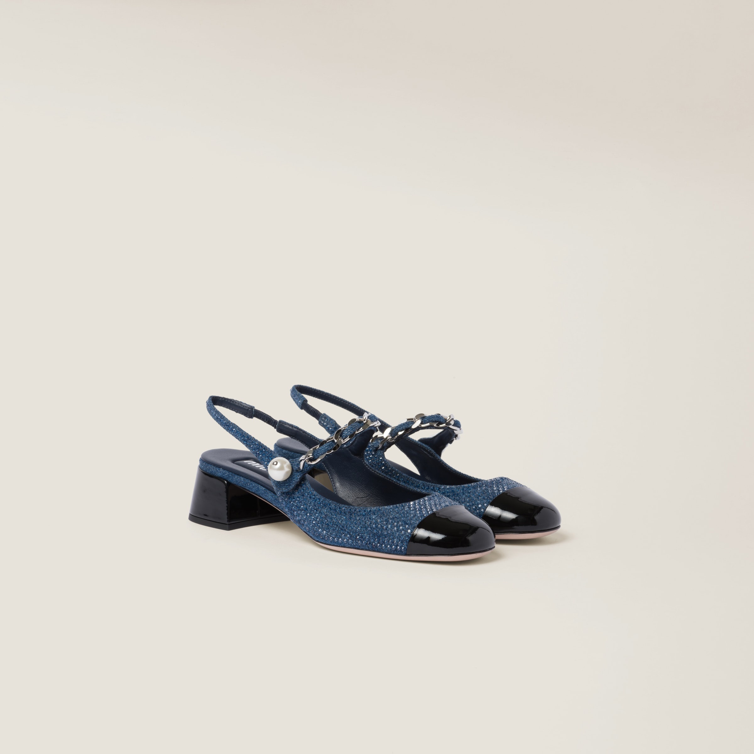 Denim and patent leather slingback pumps with artificial crystals - 1