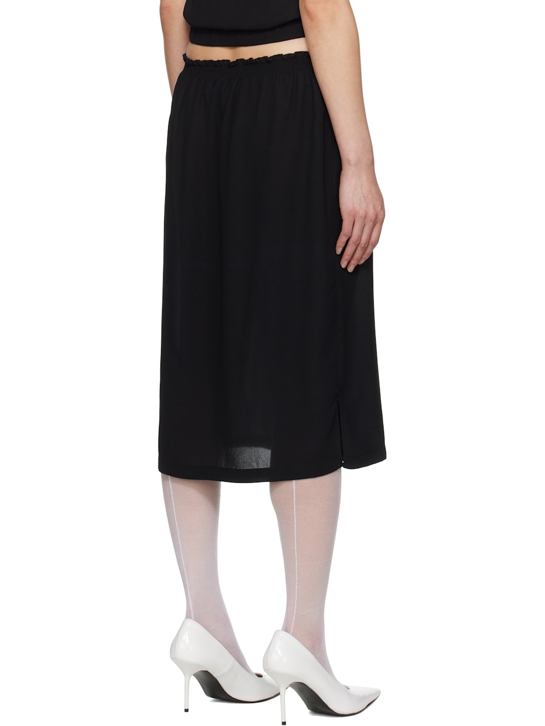 Black Smocked-Waist Midi Skirt - 3