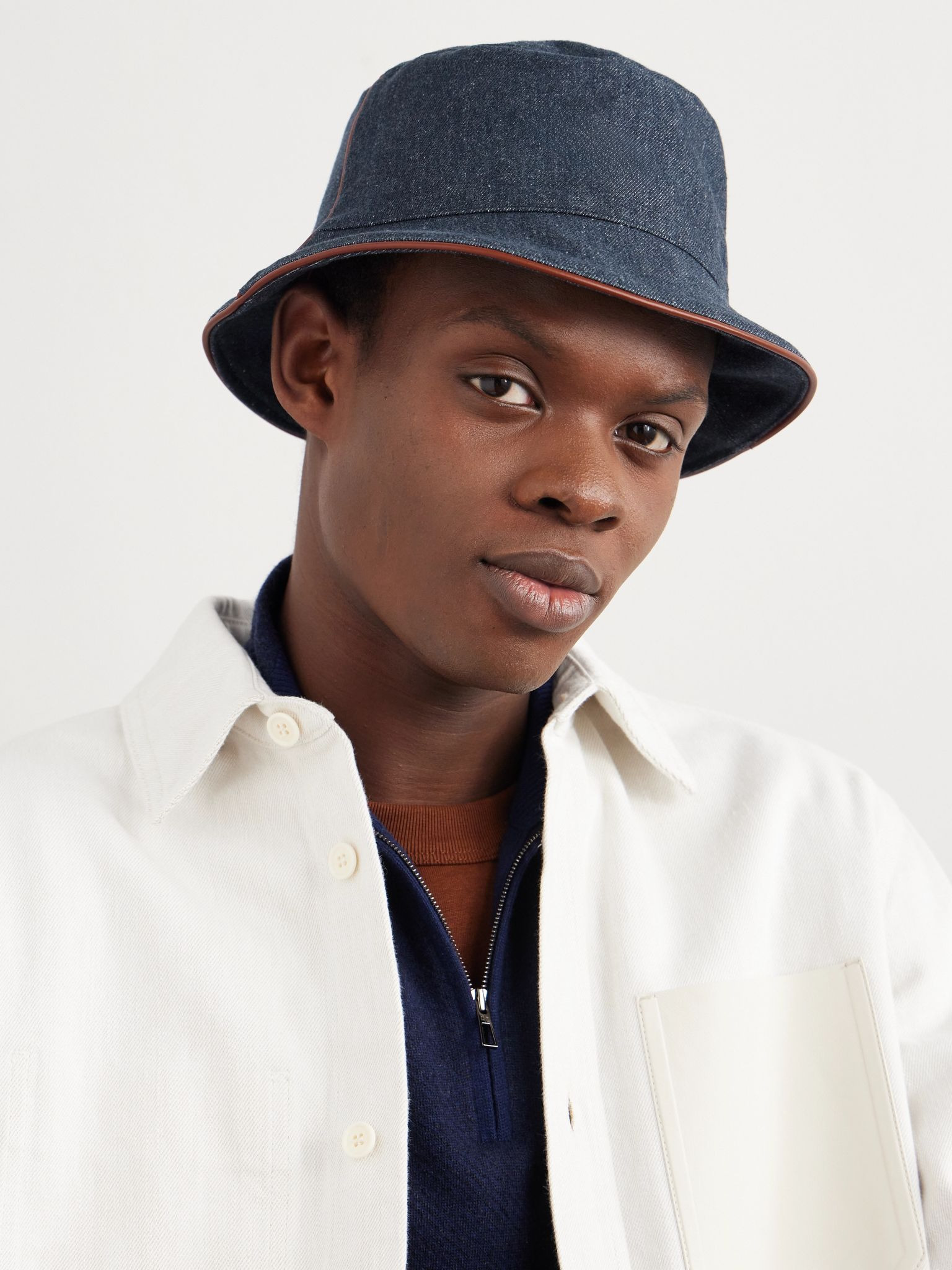 Leather-Trimmed Logo-Embroidered Denim Bucket Hat Blue - 2