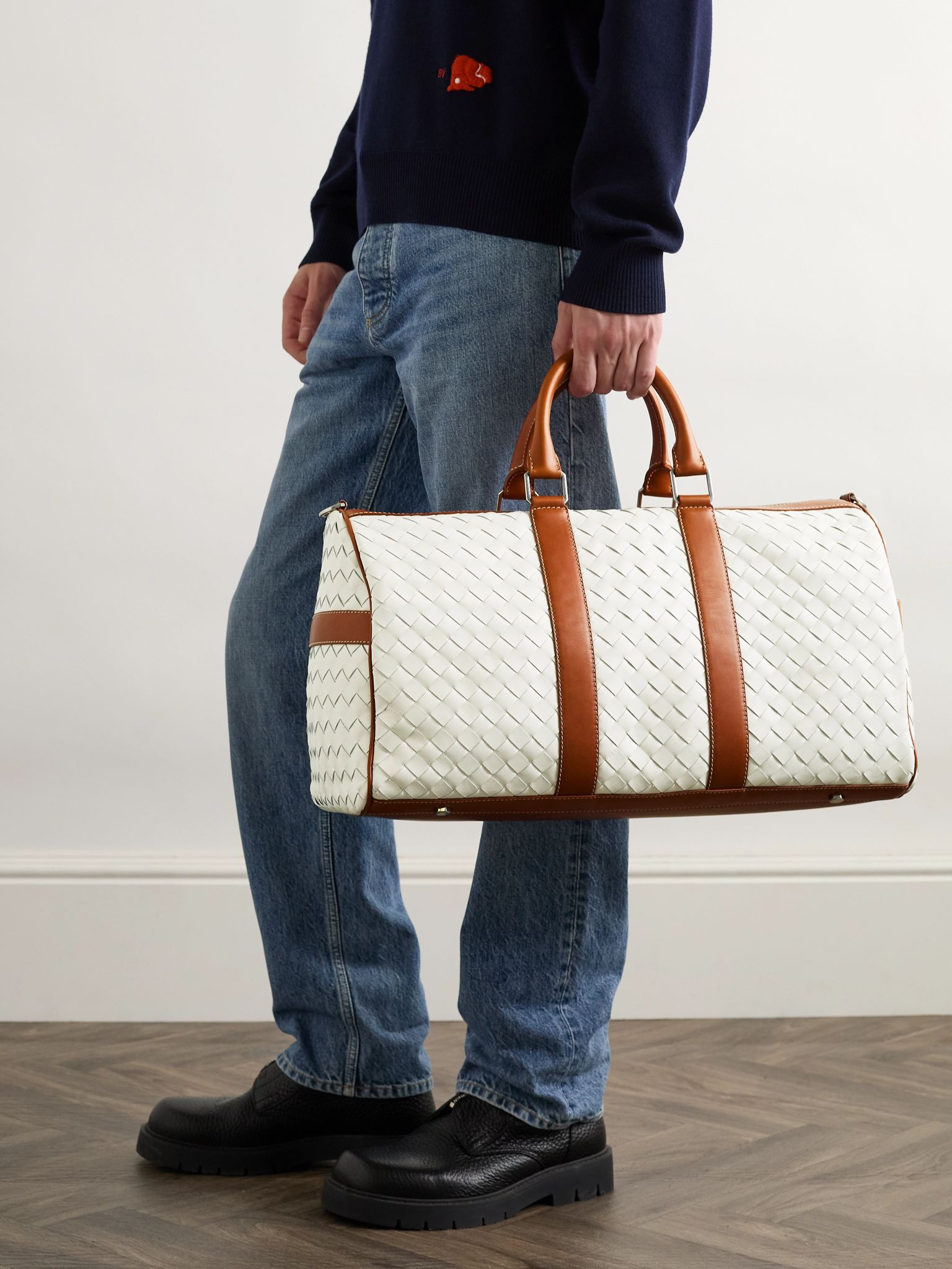 Medium Intrecciato Leather Duffle Bag Cream - 6