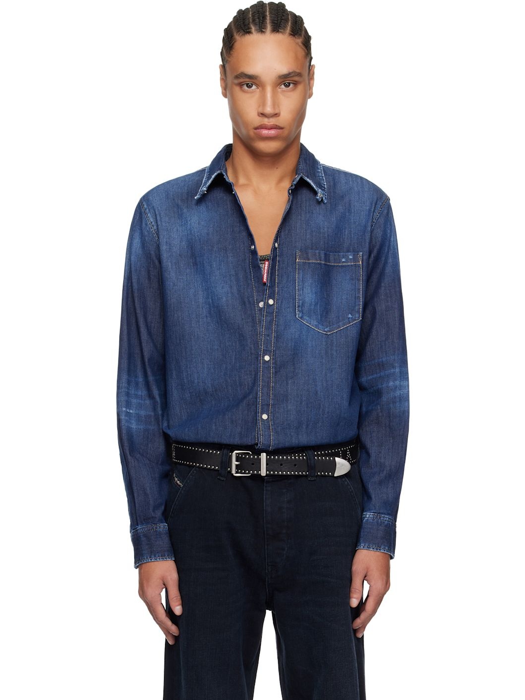 Blue Dark Wash Tab Denim Shirt - 1